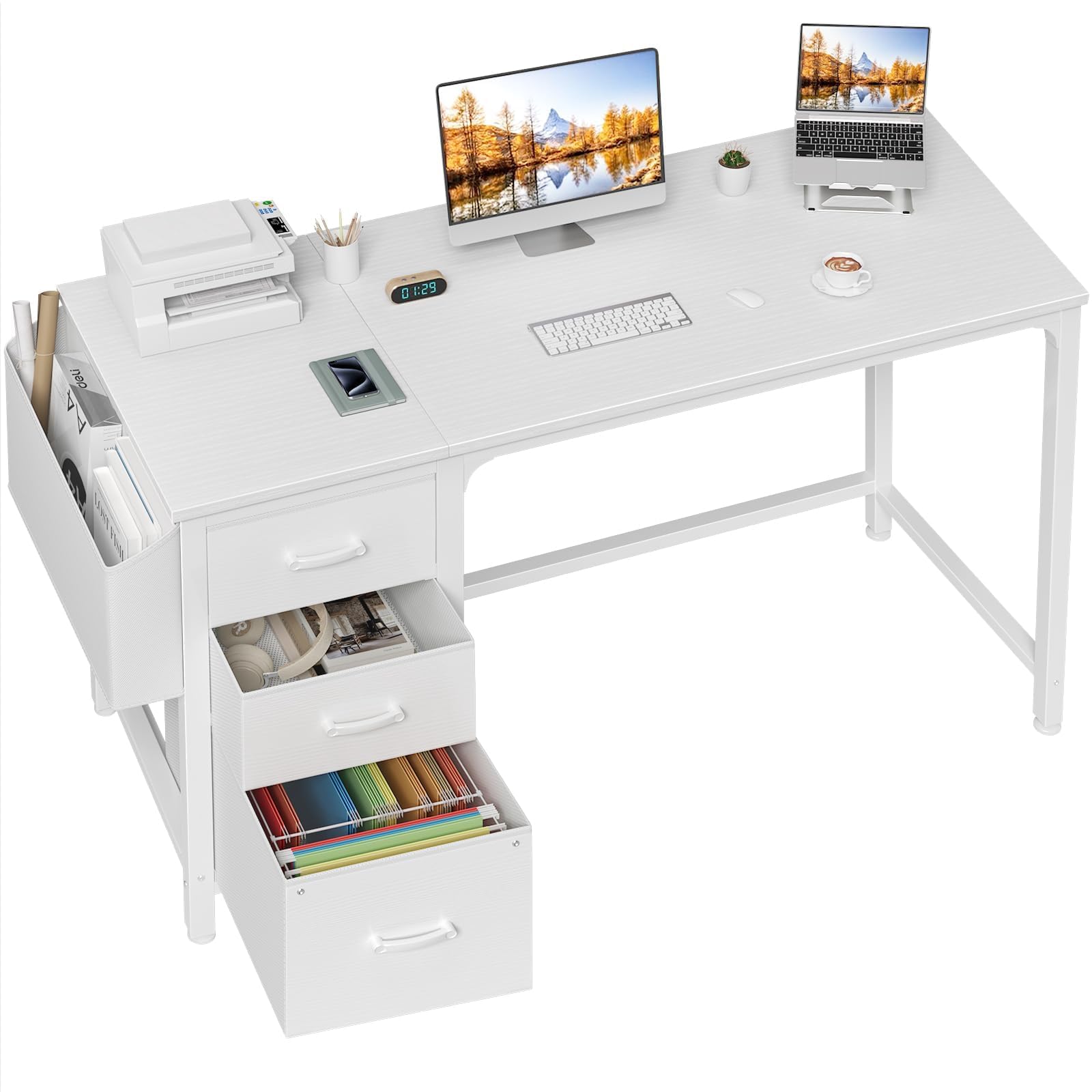 White Computer Desk with Fabric File Drawers Cabinet, 55 Inch Reversible Desks with Storage Filing Cabinet for Home Office, Modern Writing Table PC Desks for Bedroom, White