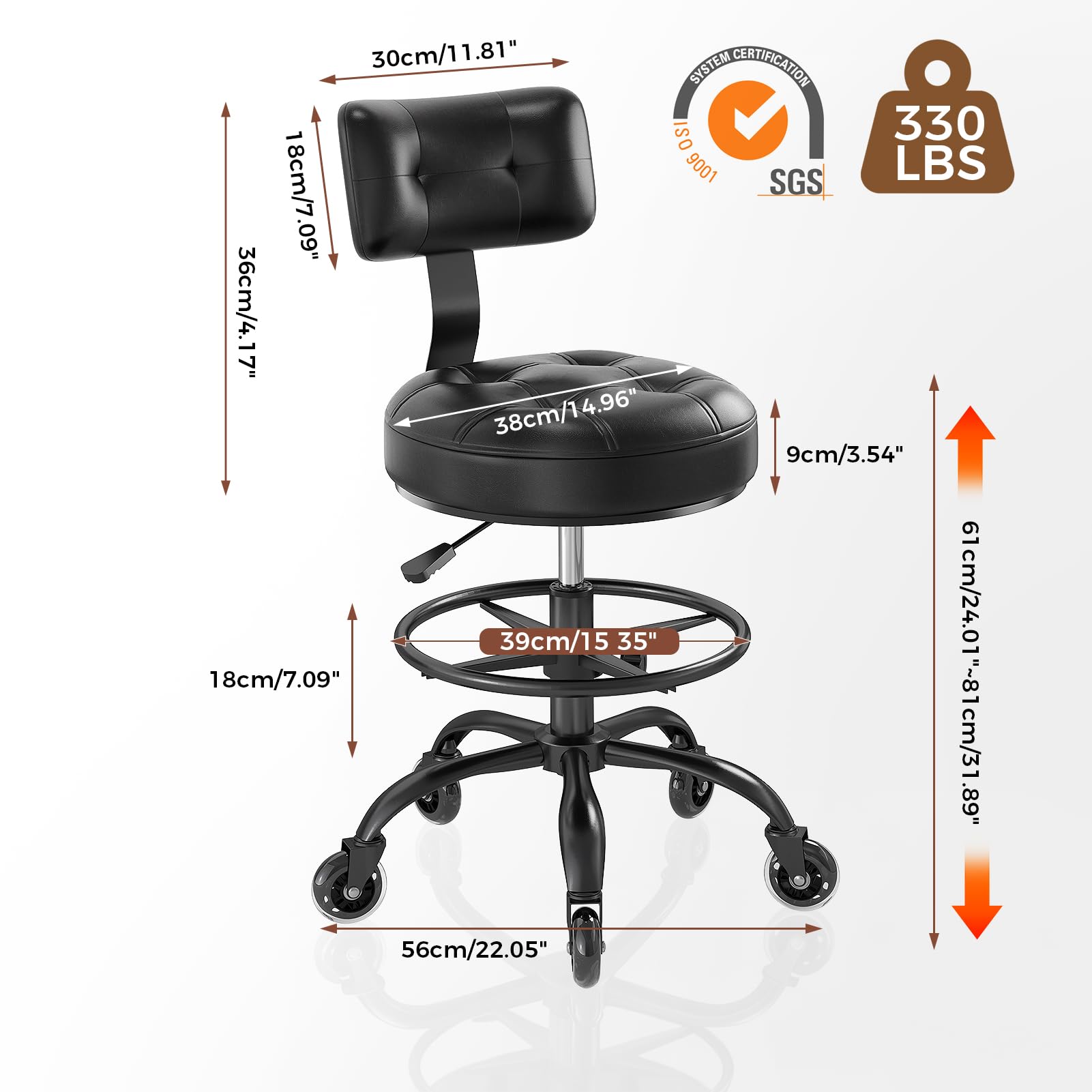 Office Drafting Chair with Footrest, Tall Height Adjustable Stool with Back Support, Heavy Duty Rolling Stool Chair with Wheels for Office Home Kitchen Bar Shop Guitar Studio Vanity, Black