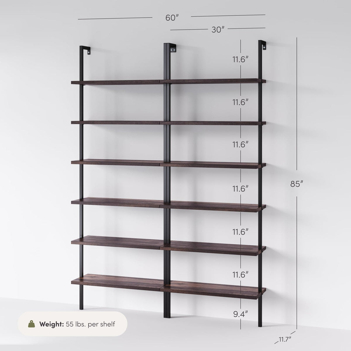 6-Shelf Tall Bookcase, Wall Mount Bookshelf with Natural Wood Finish and Industrial Metal Frame, Nutmeg/Matte Black, Set of 2
