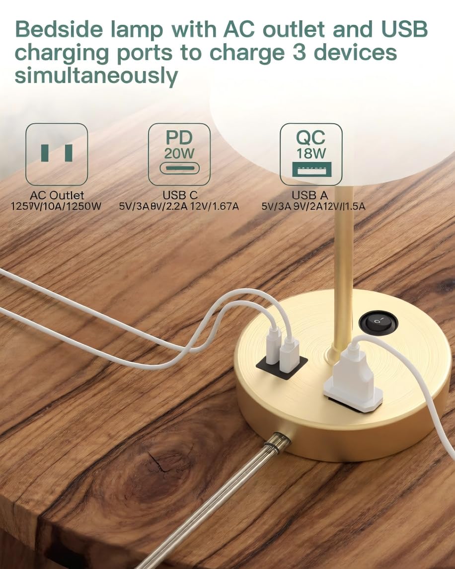Bedroom Table Lamp, Bedside Lamp with AC Outlet and USB C Charging Ports(PD 20W), 3-Way Dimmable Lamp with Switch, Lamps with Shade for Night Stands, Living Room, Desk, and Home Office, 6.5Ft