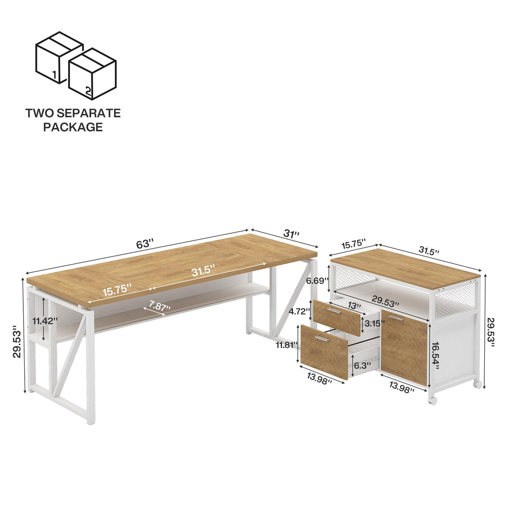 63" Executive Computer Desk and lateral File Cabinet, 2 Piece Home Office Furniture with Drawers for Hanging, Doors with Locks (Light Walnut, 63 inches)