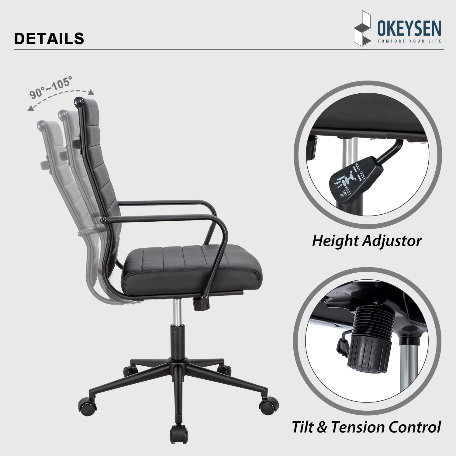Black Office Chair, Ergonomic Leather Modern Office Chair, Executive Ribbed Height Adjustable Swivel Rolling Chair for Home Office.