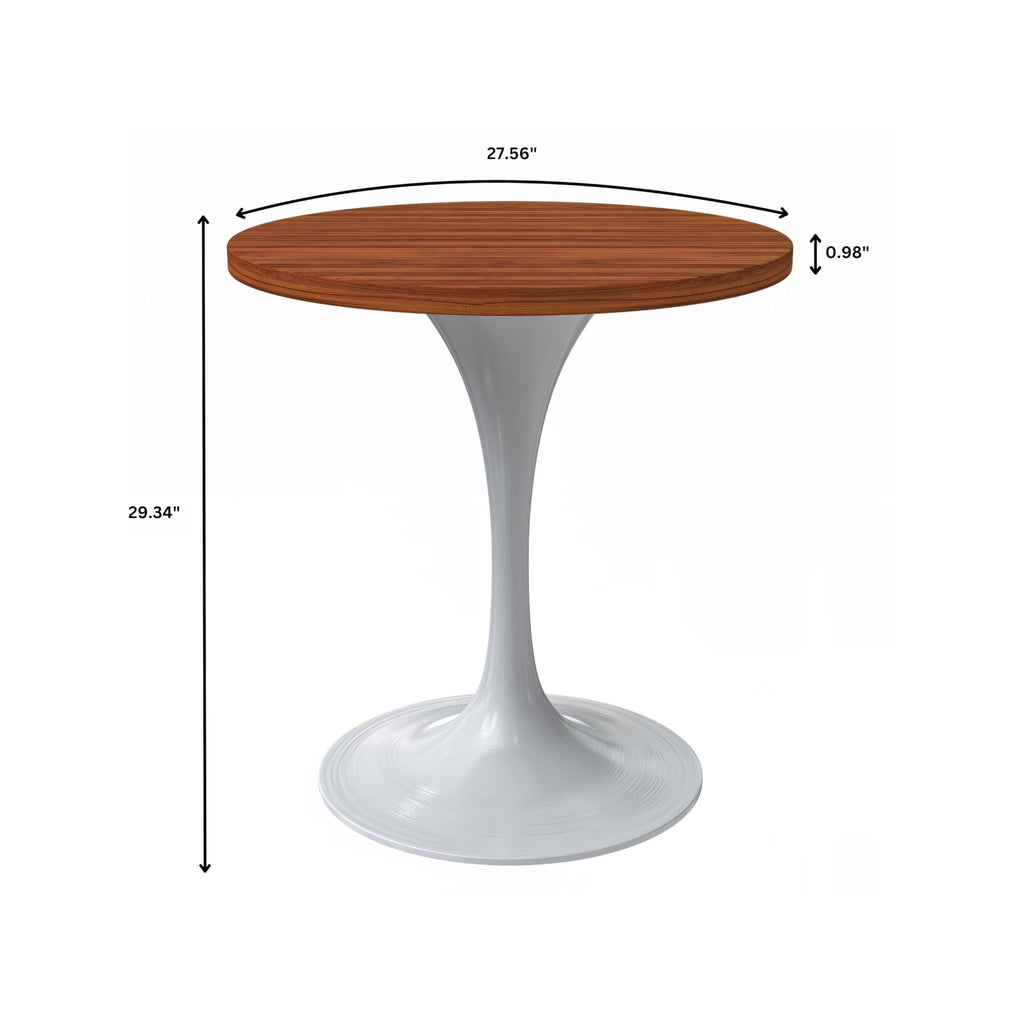 LeisureMod Verve Mid-Century Modern 27 Inch Round Dining Table, MDF Wood Tabletop with White Steel Pedestal Base, Contemporary Kitchen & Dining Room, Small Space Breakfast Table, Cognac Brown
