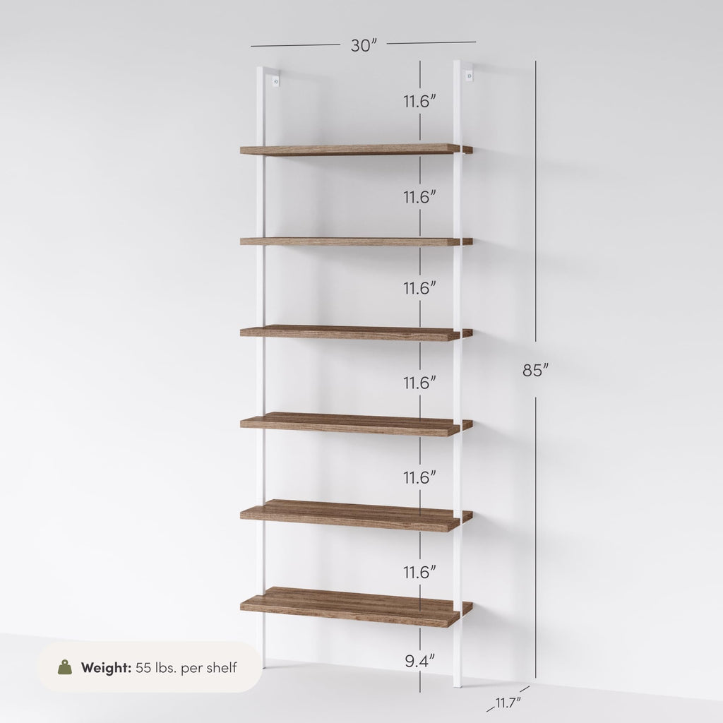 6-Shelf Tall Bookcase, Wall Mount Bookshelf with Natural Wood Finish and Industrial Metal Frame, Rustic Oak/White