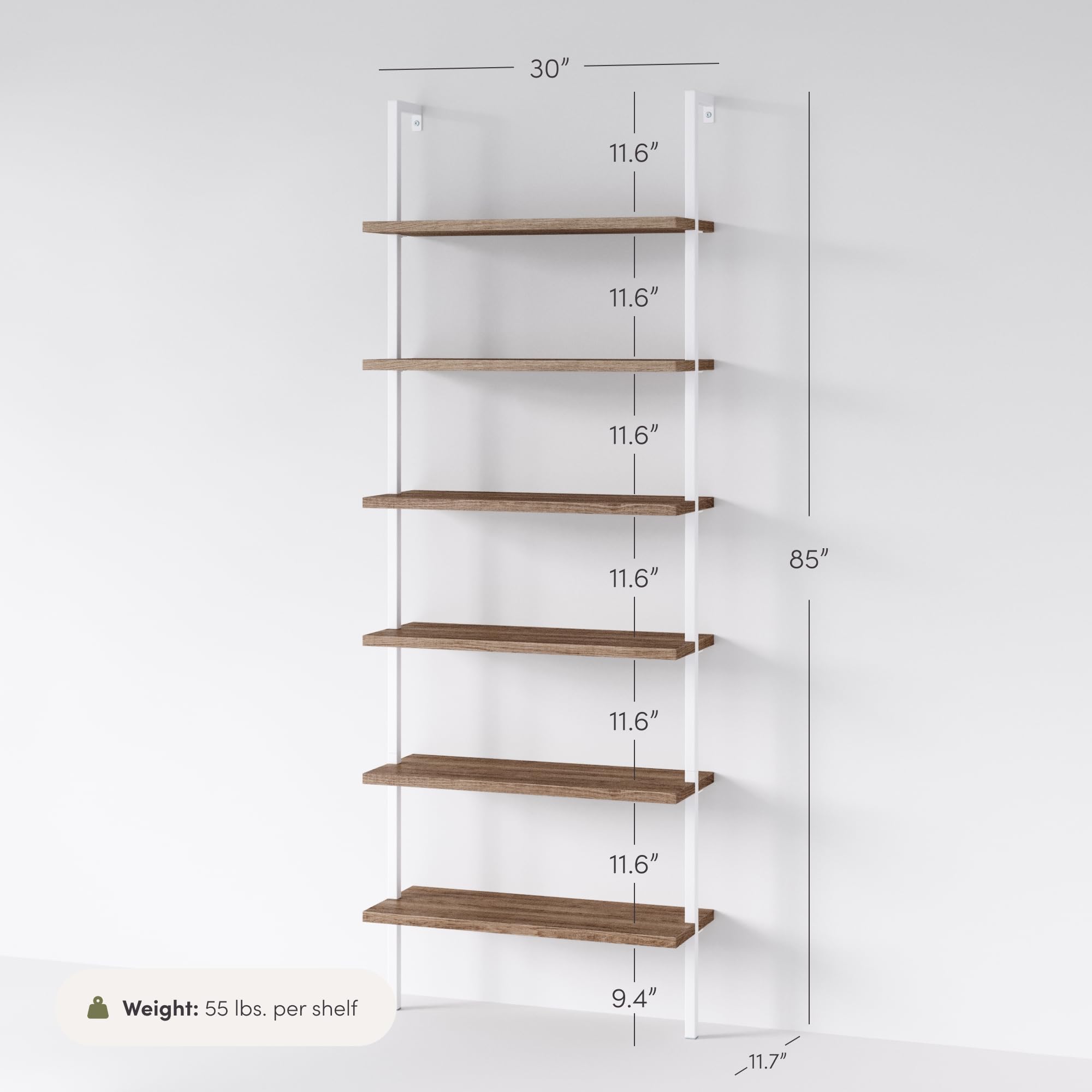 6-Shelf Tall Bookcase, Wall Mount Bookshelf with Natural Wood Finish and Industrial Metal Frame, Rustic Oak/White