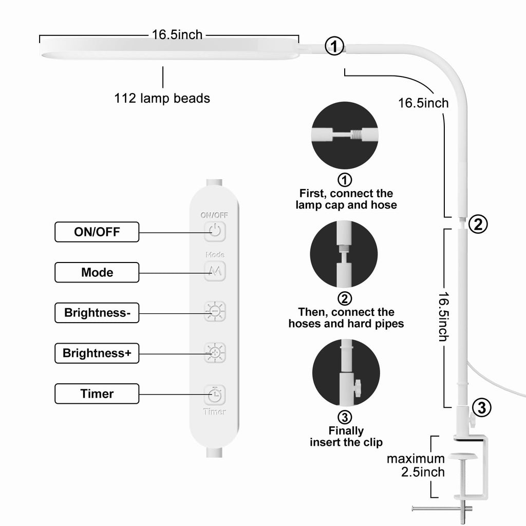 Led Desk Lamp - 33.5" Desk Light - Flexible Gooseneck - 5 Color Modes X 11 Brightness Levels - 1300LM - Timmer & Memory Function - 12W Clip on Light - White