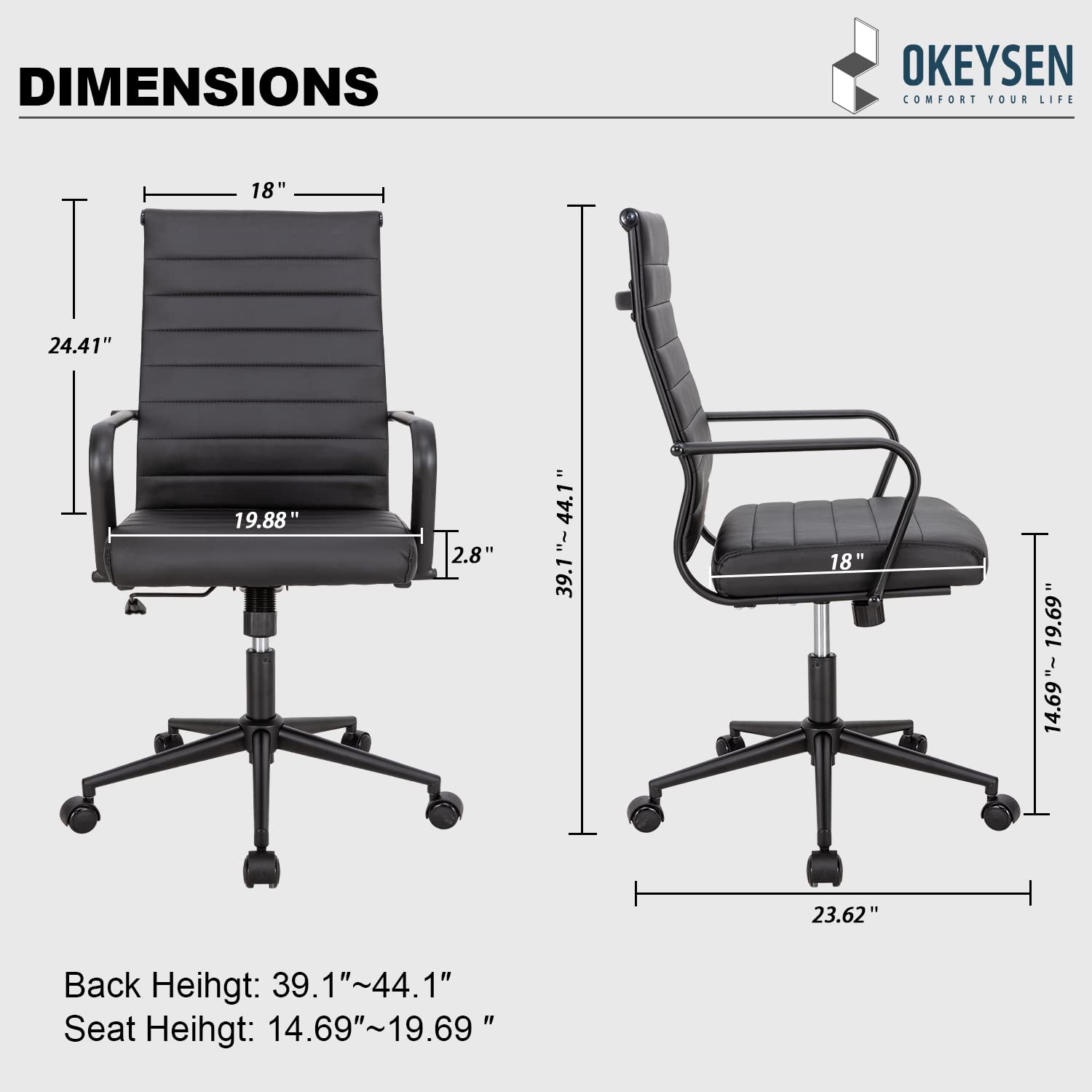 Black Office Chair, Ergonomic Leather Modern Office Chair, Executive Ribbed Height Adjustable Swivel Rolling Chair for Home Office.