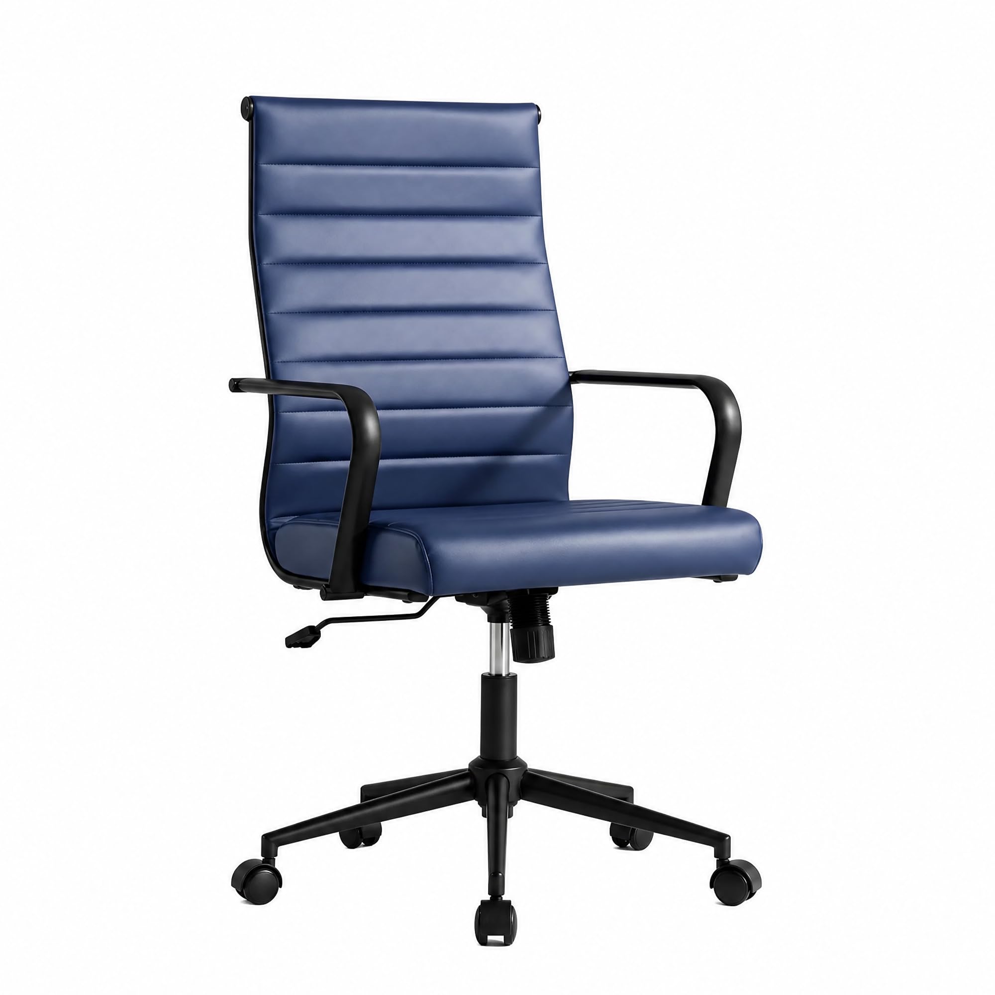 Blue Leather Office Desk Chair, Conference Room Chairs Executive Chair Ribbed, Ergonomic Height Adjustable Swivel Rolling Chair for Home Office.