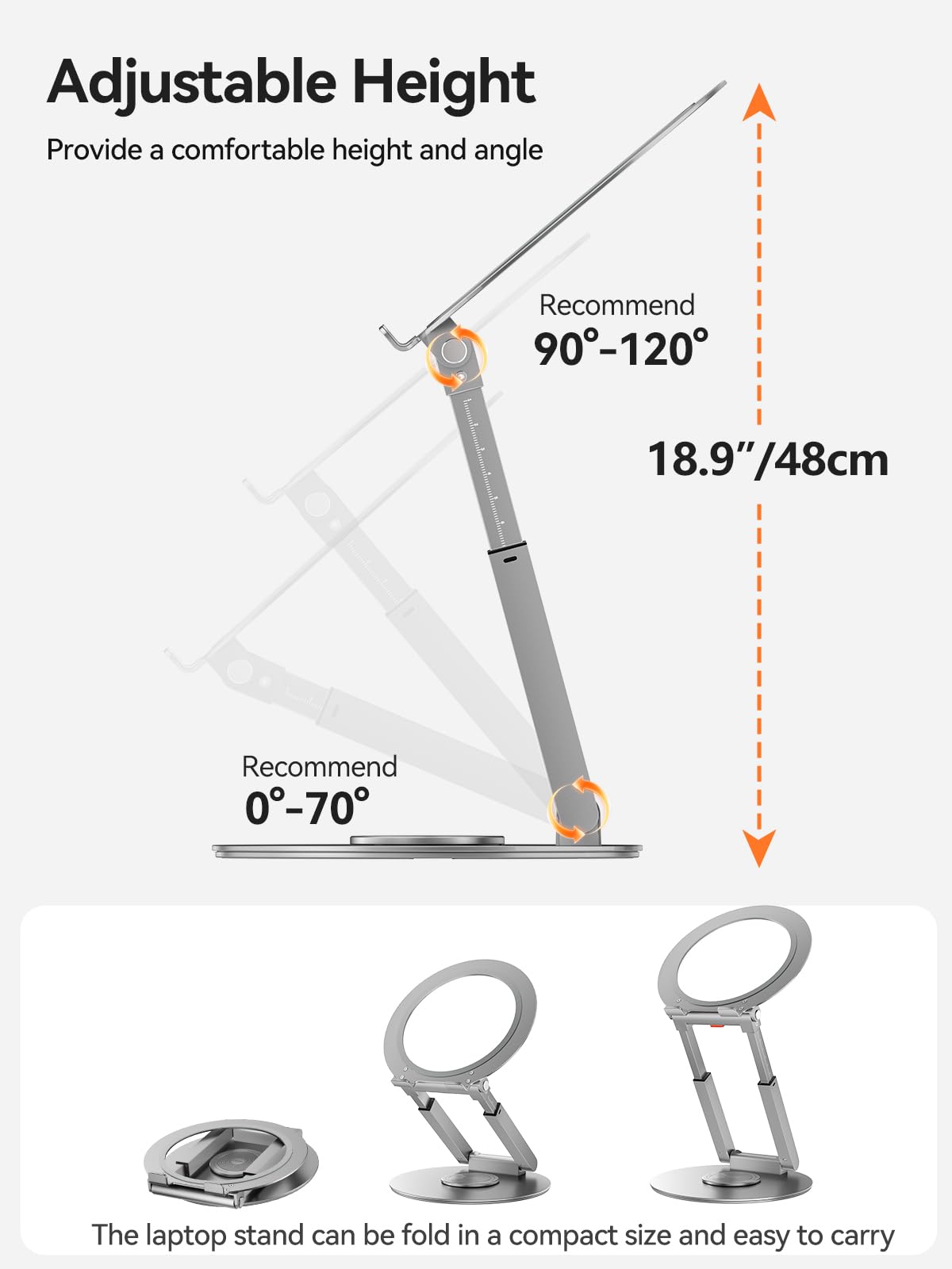 Telescopic Laptop Stand with 360° Rotation, Adjustable Height & Tilt Swivel Laptop Riser, Ergonomic Standing Desk Converter for 10-17" MacBook Pro/Air, Dell, HP – Supports up to 22lbs (Silver)