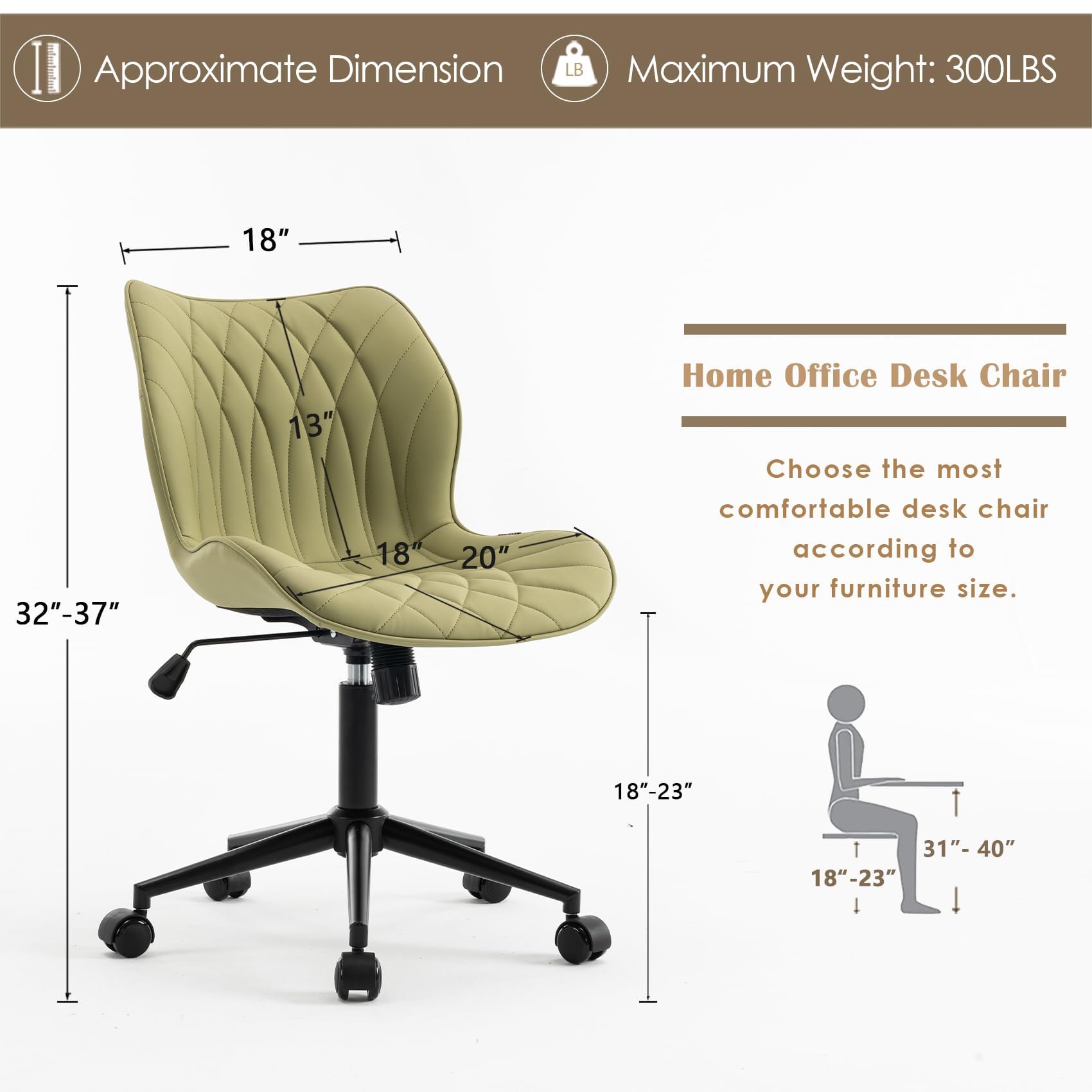 Armless Desk Chair Comfy Office Chair with Wheels Home Ergonomic Task Chair Adjustable Computer Chairs Modern Faux Leather Swivel Chair Upholstered Makeup Vanity Chair with Back(Avocado)