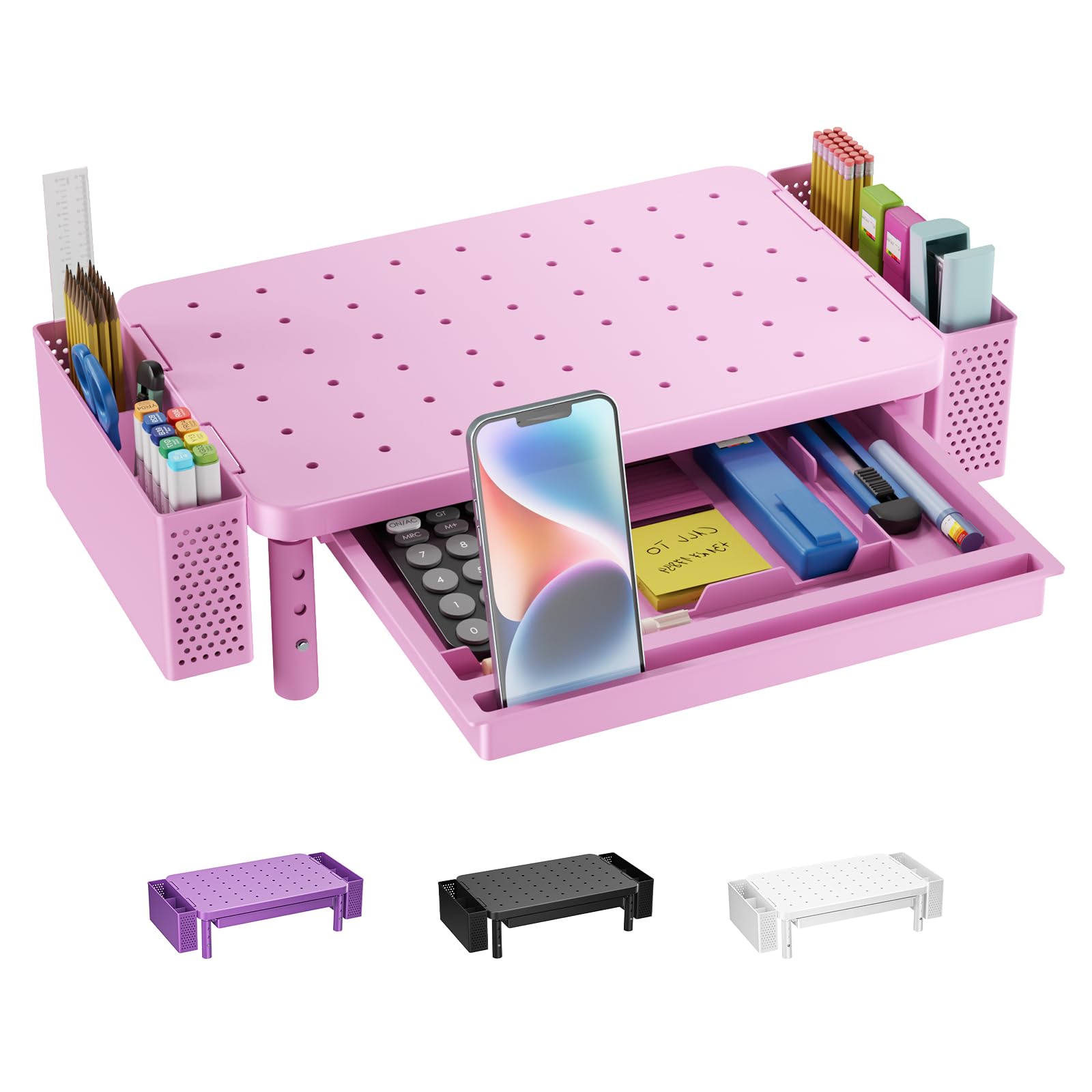 Computer Monitor Stand with Storage, Desk Organizer with Drawer and Pen Holder, Desk Monitor Riser 3 Height Adjustable, Laptop Riser for Computer, Laptop, Printer (PTT003-P), 1 Pack, Pink