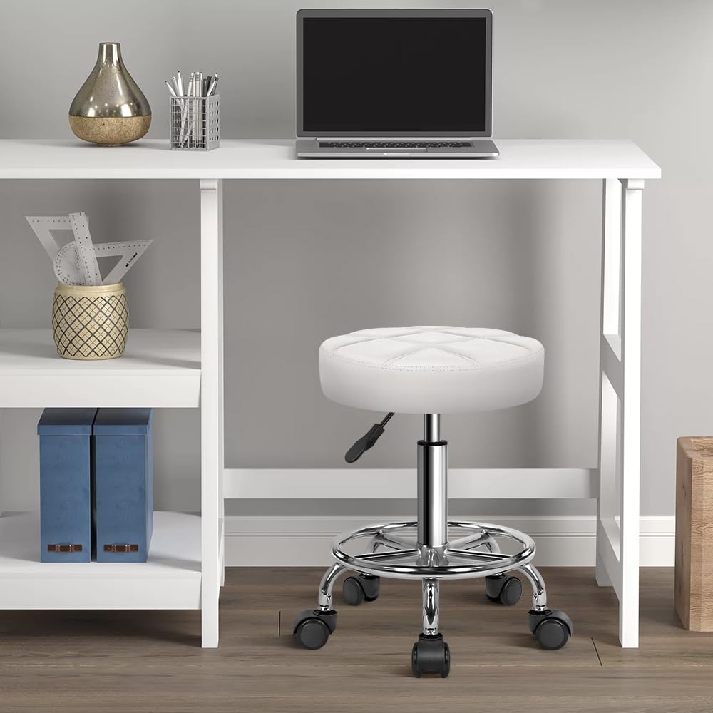 Round Rolling Stool Chair PU Leather Height Adjustable Swivel Drafting Work SPA Shop Medical Salon Stools with Wheels Office Chair Small (White)