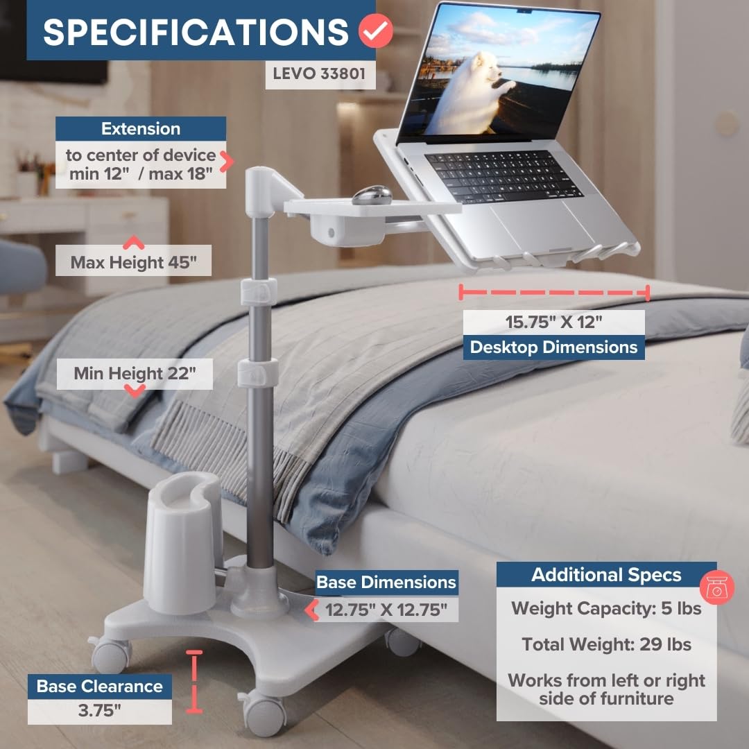 Deluxe Adjustable Laptop Stand – Rolling Computer Desk & Ergonomic Table for Bed, Sofa, or Office – Portable Mobile Workstation with Tilt – Fits Devices up to 16″ - Silver & White
