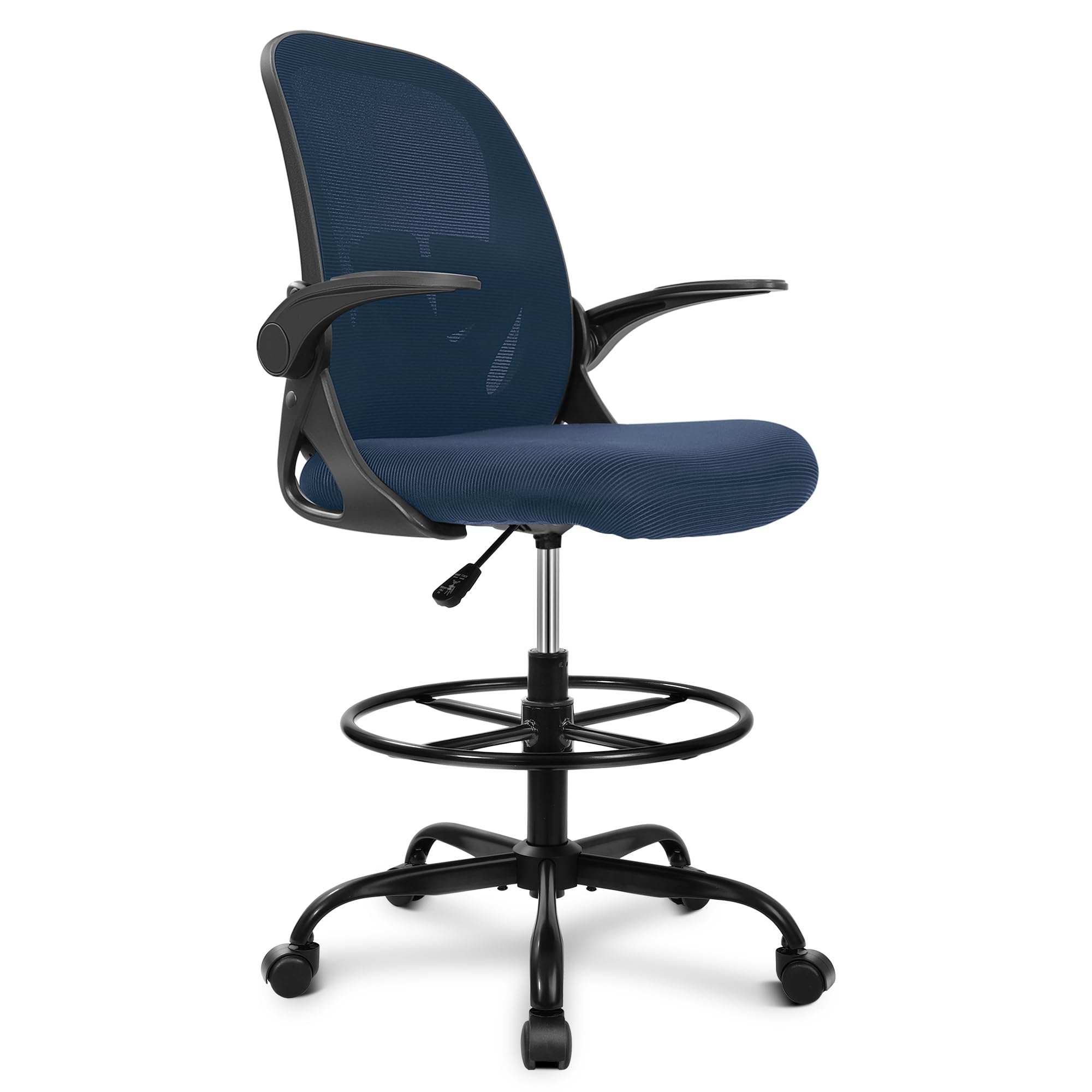 Drafting Chair Tall Office Chair with Flip-up Armrests Executive Ergonomic Computer Standing Desk Chair with Lumbar Support and Adjustable Footrest Ring (Navy)