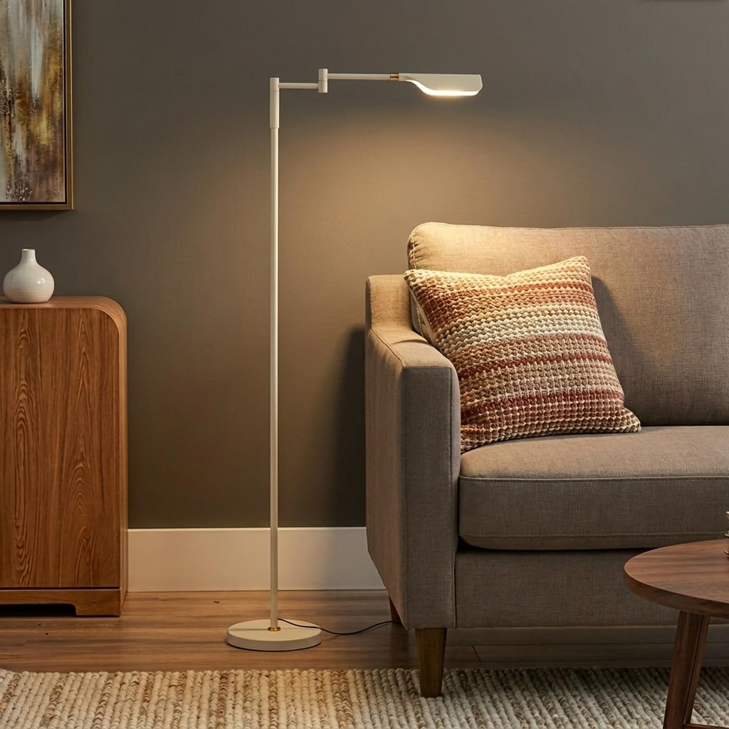 Leaf Pharmacy LED Reading Lamp, Dimmable Floor Lamp with Easy Rotation Over Chair or Desk for Living Rooms & Offices, Adjustable Standing Tall Lamp, for Sewing & Crafts - Gold and Cream