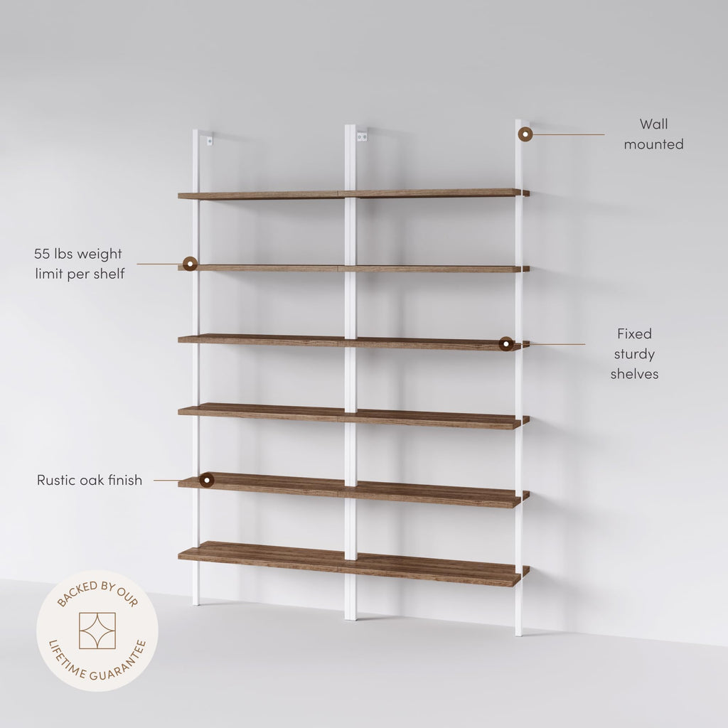 6-Shelf Tall Bookcase, Wall Mount Bookshelf with Natural Wood Finish and Industrial Metal Frame, Rustic Oak/White, Set of 2