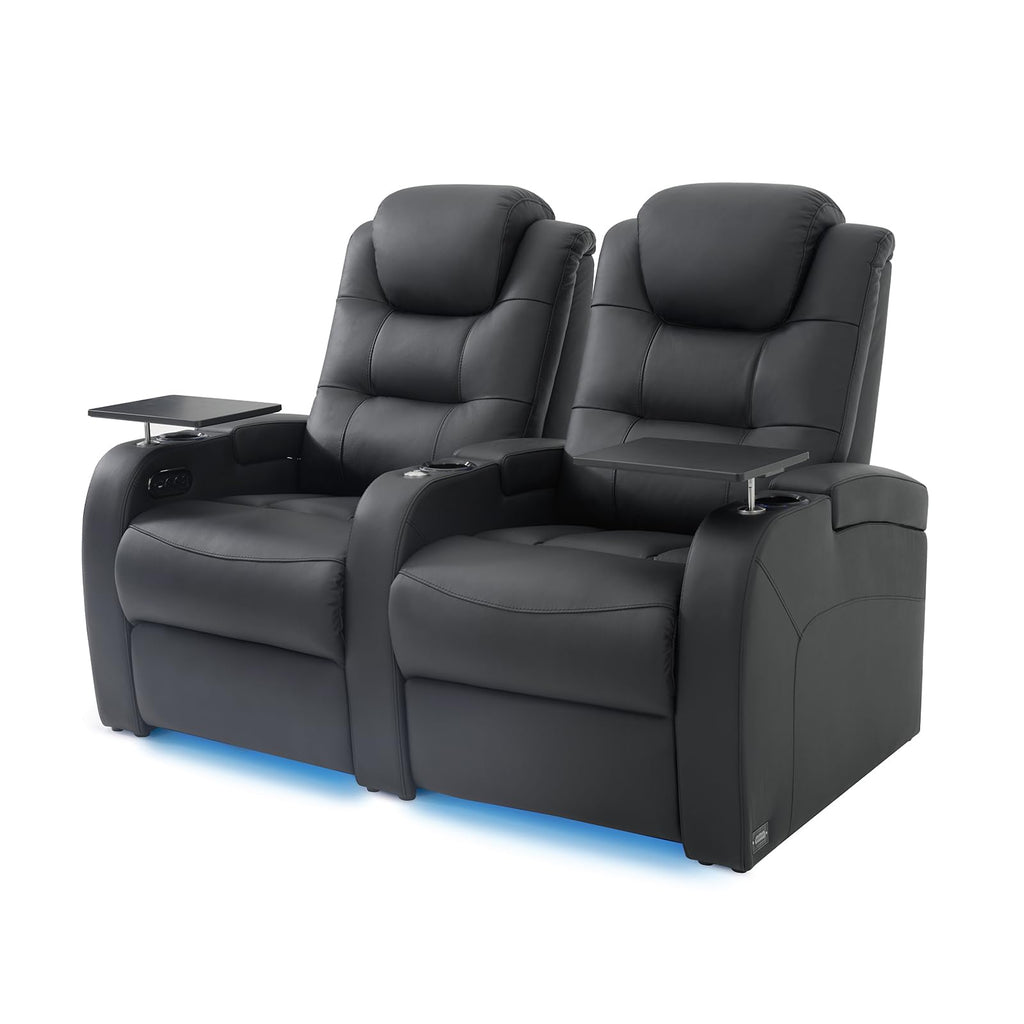 Top Grain Leather Home Theater Seating Seats, Simple Style Dual Power Gaming Sofa Top Grain Leather Movie Theater Chairs Recliner Sofa with Type-C USB Charger (Black, Row of 2)