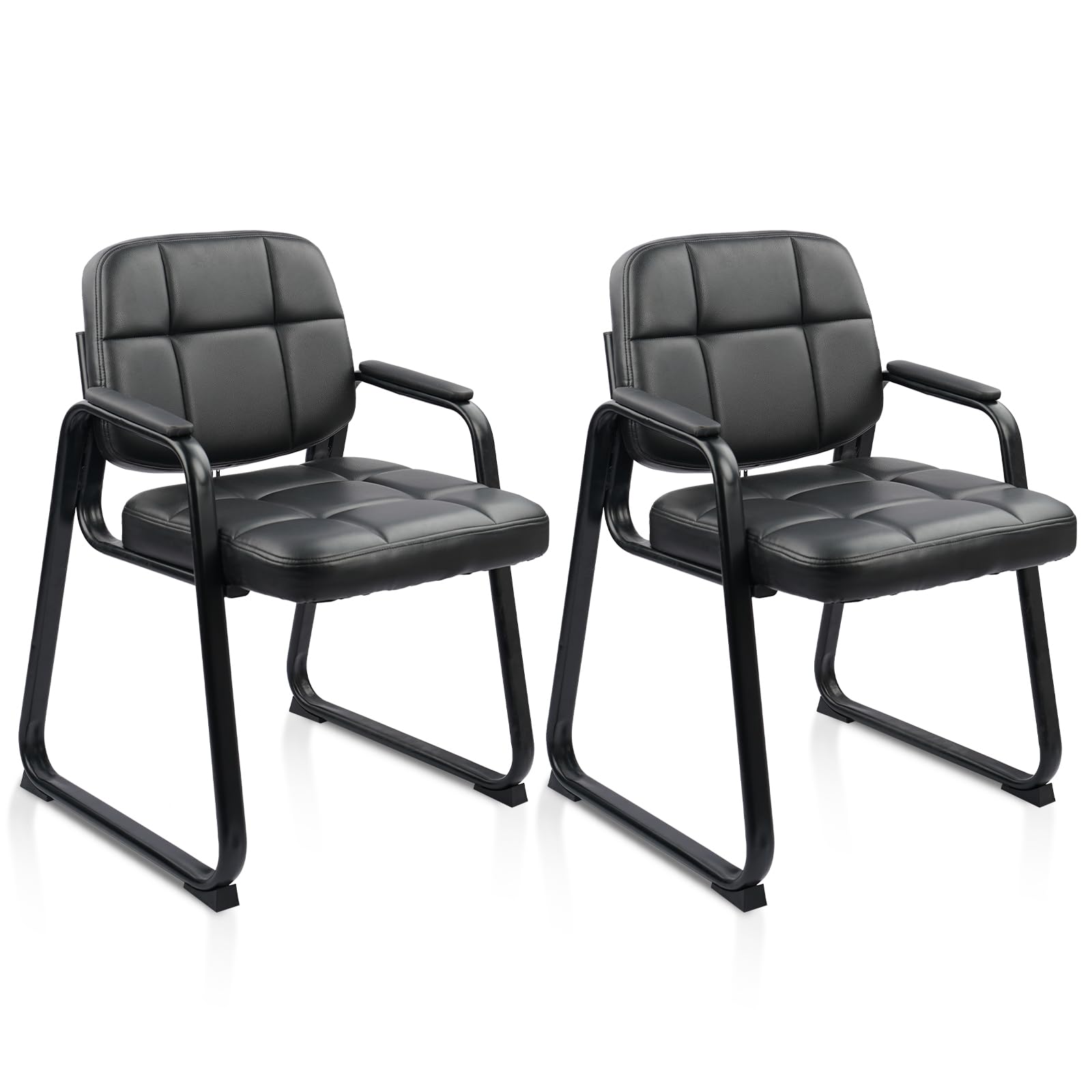2 Pack, Waiting Room Guest Chair with Bonded Leather Padded Arm Rest for Office Reception and Conference Desk Black with Sled Base