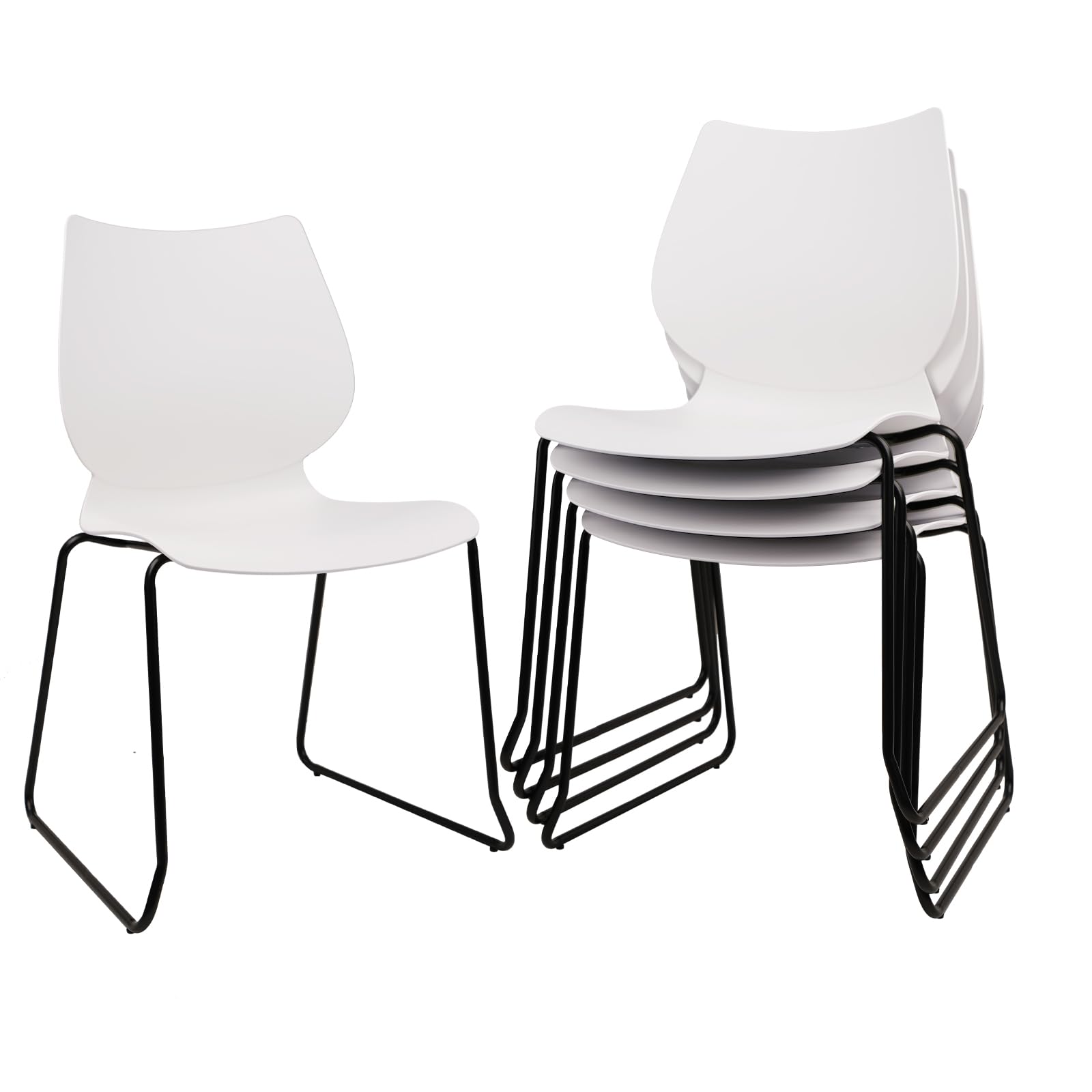 Set of 4, Stackable Waiting Room Chair, Stacking Office Chair with Ergonomic Lumbar Support and Metal Legs, Plastic Desk Chairs for Conference School Church Guest Reception White