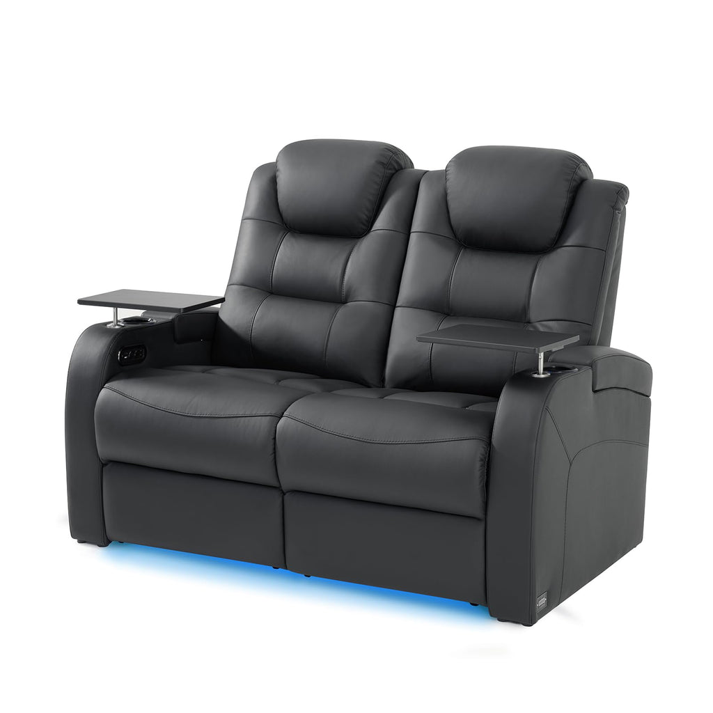 Home Theater Seating Simple Style Seats Top Grain Leather Loveseat Recliner Chair Dual Power Movie Theater Chairs Gaming Sofa with Tray Table (Black, Row of 2 Loveseat)