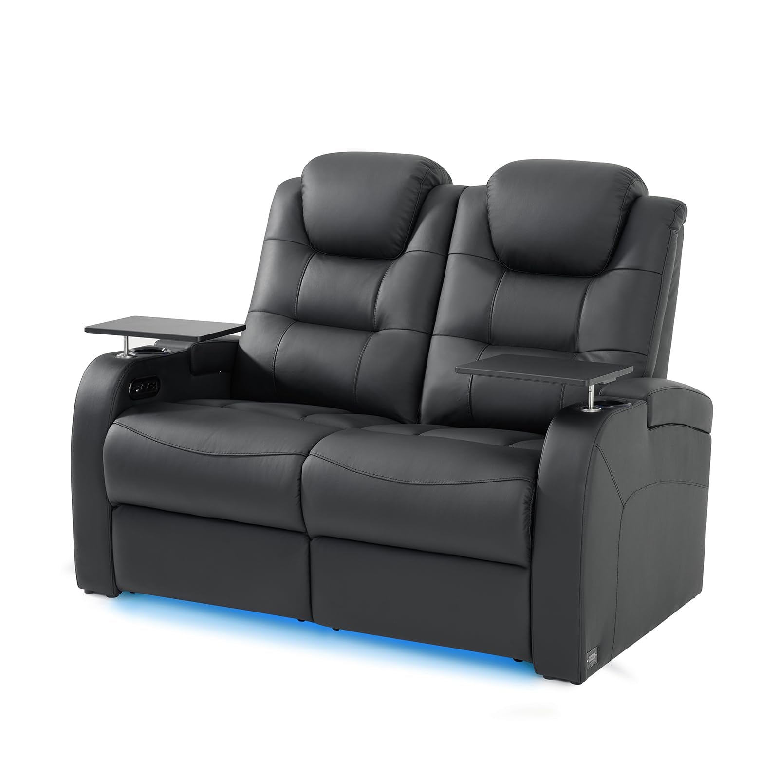 Home Theater Seating Simple Style Seats Top Grain Leather Loveseat Recliner Chair Dual Power Movie Theater Chairs Gaming Sofa with Tray Table (Black, Row of 2 Loveseat)