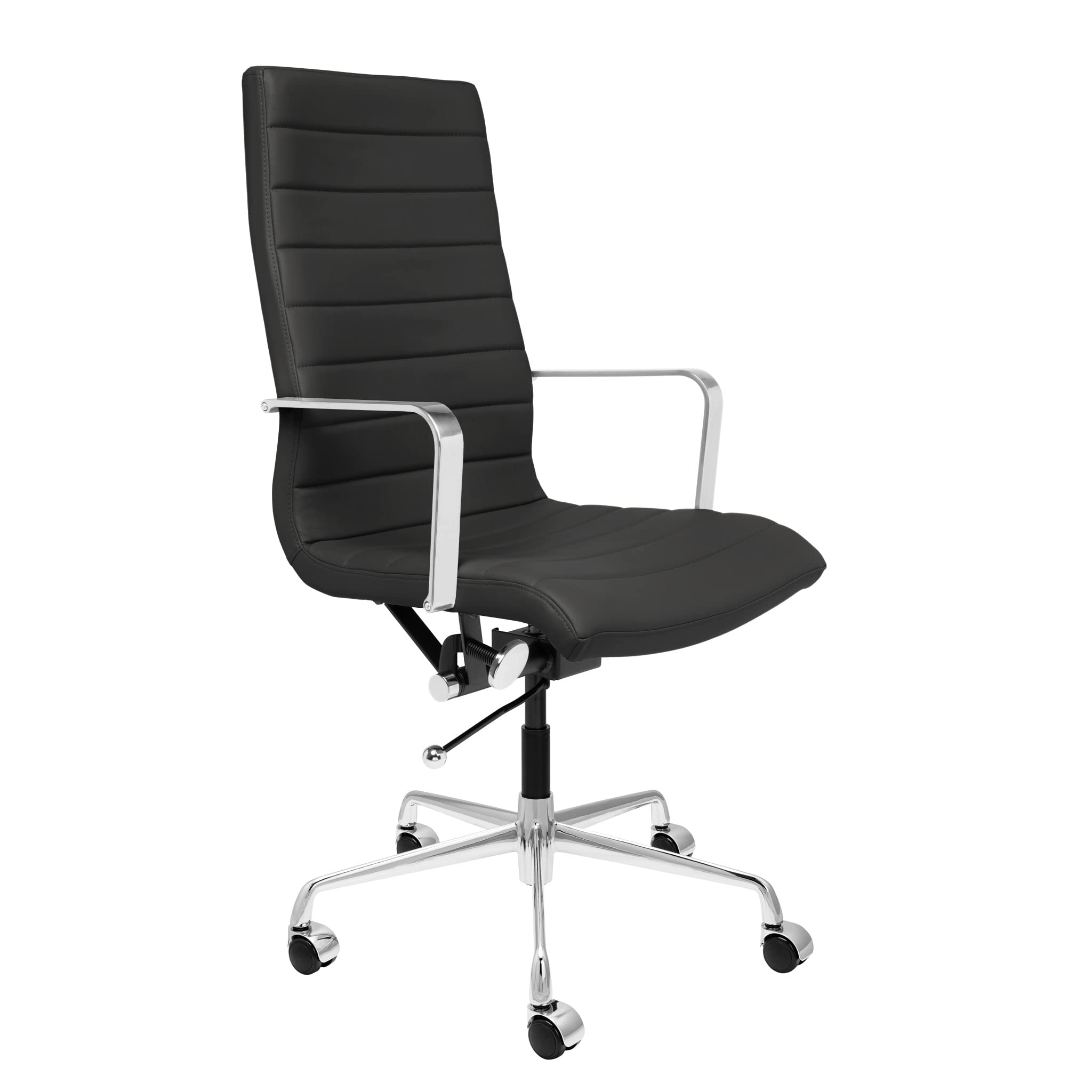 Ribbed Office Chair - Tall Back Desk Chair with Arm Rest, Swivel & Cushion Availability, Made of Faux Leather, Black, Computer Chair