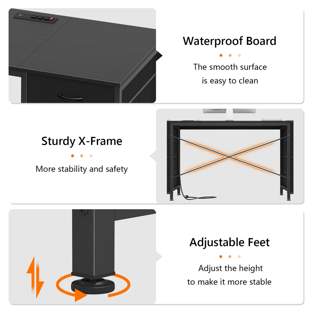 60 Inch Computer Desk with 8 Drawers, Home Office Desk with Power Outlets, Work Study Gaming Desk with 8 Fabric Drawers, Black