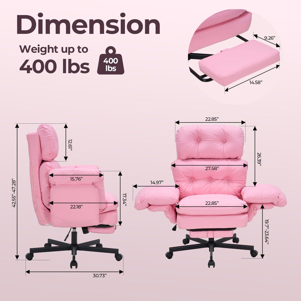 Criss Cross Office Chair with Foot Rest, Big and Tall Office Desk Chair with Flip Armrests for Pets & Cross Legged Sitting, Comfy Executive Ergonomic Reclining Computer Gaming Vanity Chair, Pink