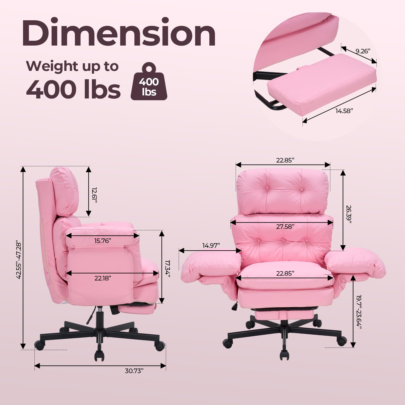 Criss Cross Office Chair with Foot Rest, Big and Tall Office Desk Chair with Flip Armrests for Pets & Cross Legged Sitting, Comfy Executive Ergonomic Reclining Computer Gaming Vanity Chair, Pink