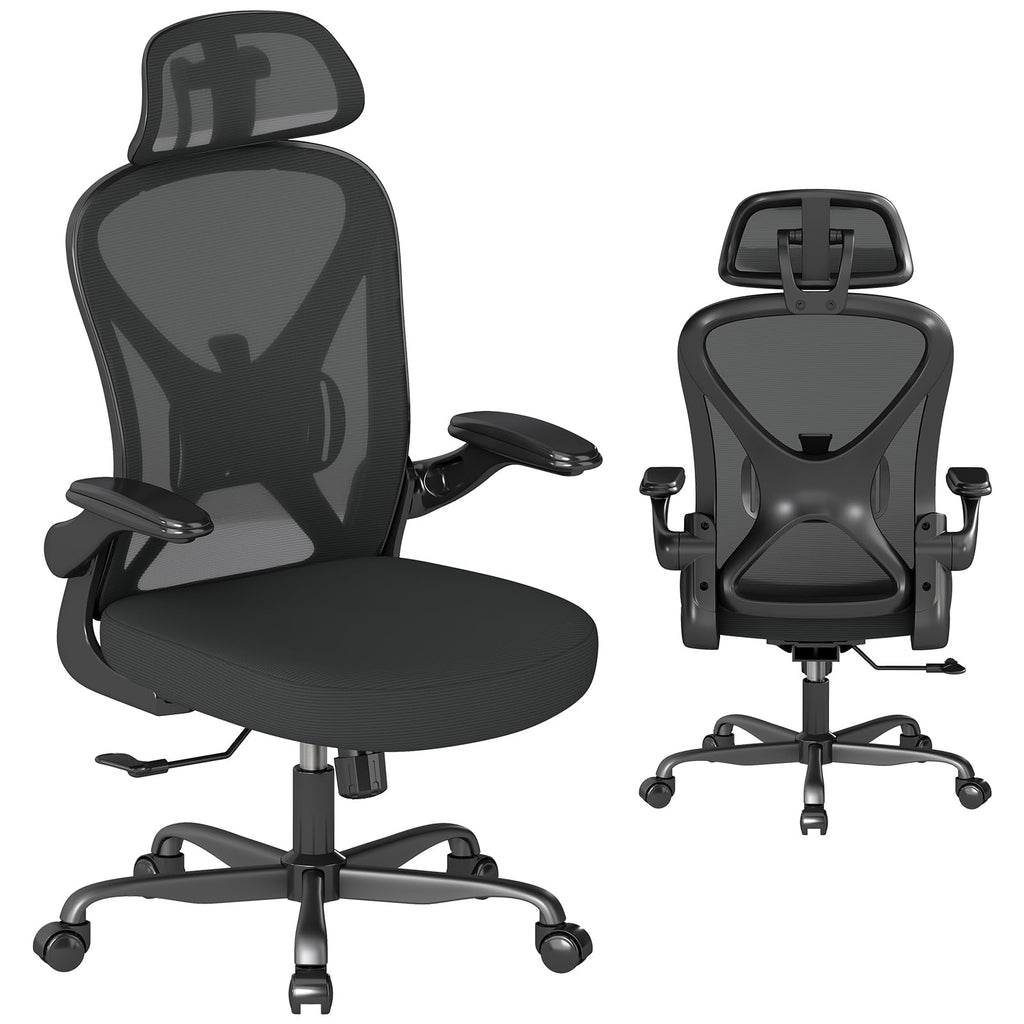 Ergonomic Office Chair Set of 10, with Adjustable Lumbar Support, Mesh Fabric Home Office Chair with Headrest, 360° Swivel and Flip-Up Armrests, Black