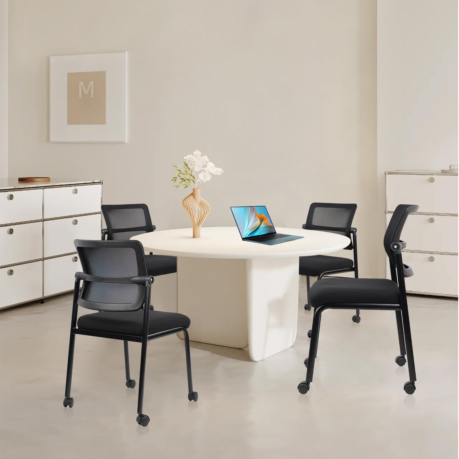 Mesh Stacking Office Desk Chairs with Wheels, Portable Stackable Bulk Waiting Room Armless Chair with Adjustable Back & Fabric Seat for Guest Lobby Side School Church Conference Break, Black