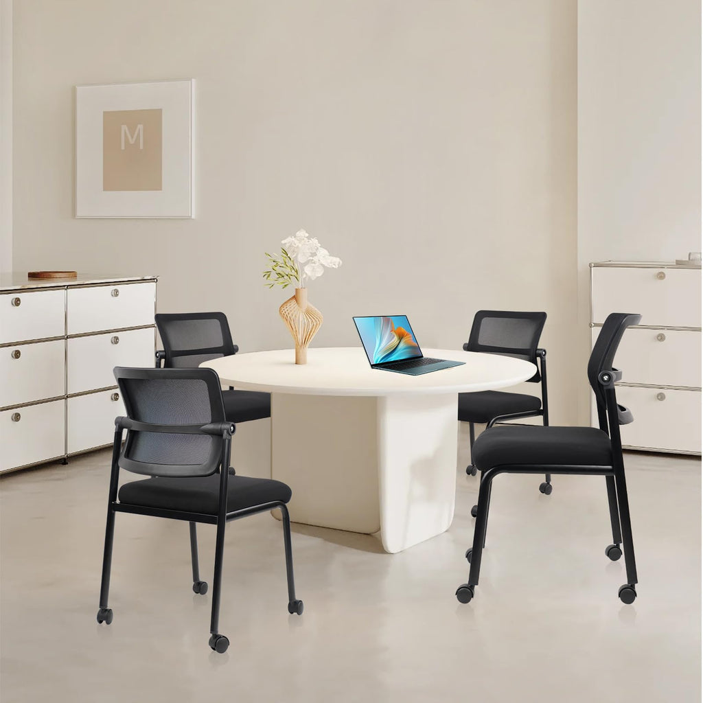 8PK Mesh Stacking Office Desk Chairs with Wheels, Portable Stackable Bulk Waiting Room Armless Chair with Adjustable Back & Fabric Seat for Guest Lobby Side School Church Conference Break
