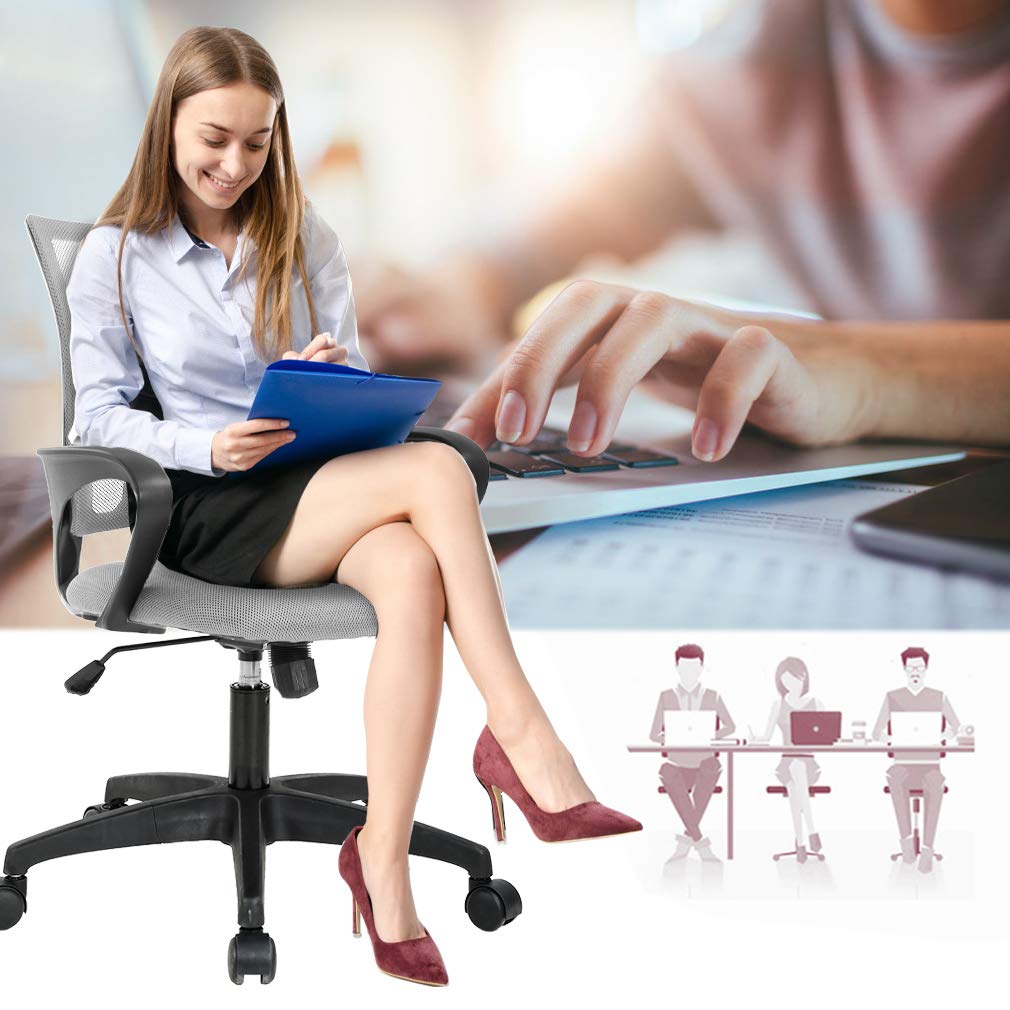 Ergonomic Office Chair | Mid-Back Swivel Desk Chair | Breathable Backrest & Lumbar Support | Adjustable Height | Sponge Seat | Rolling Wheels | Grey | for Adults & Women | Pack of 2