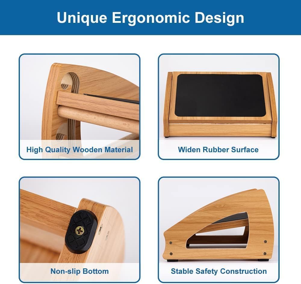 Ergonomic Under Desk Footrest, 3 Adjustable Heights Wooden Office Footrest, Large Anti-Slip Surface, Improves Posture and Blood Circulation, up to 400lbs (Natural)