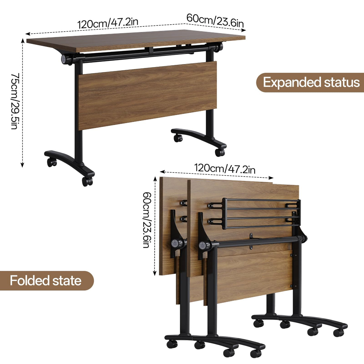Folding Conference Table with Wheels, Flip-Top, 47.2in, 8 Pack, Walnut 1619