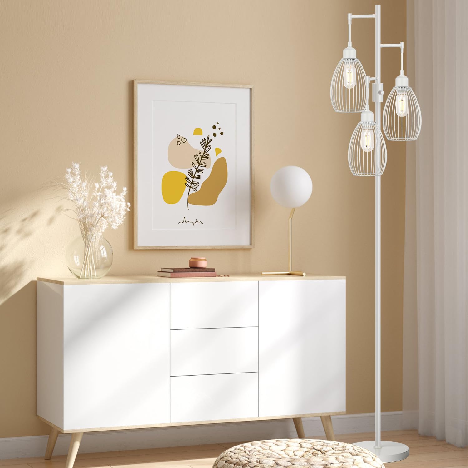 Floor Lamp, 3 x 800LM LED Edison Bulbs Included, Farmhouse Industrial Floor Lamp Standing Lamp with Elegant Teardrop Cage Head Tall Lamp for Living Room Bedroom Office Dining Room - White