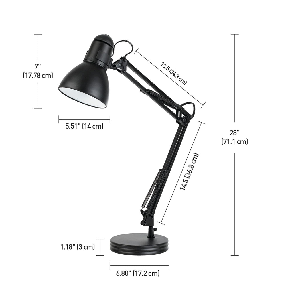 28" Heavy Base Top Moving Spring Balanced Swing Arm Desk Lamp, Black, On/Off Rotary Switch on Shade, Office Decor, Reading Light, Home Essentials, Room Lighting