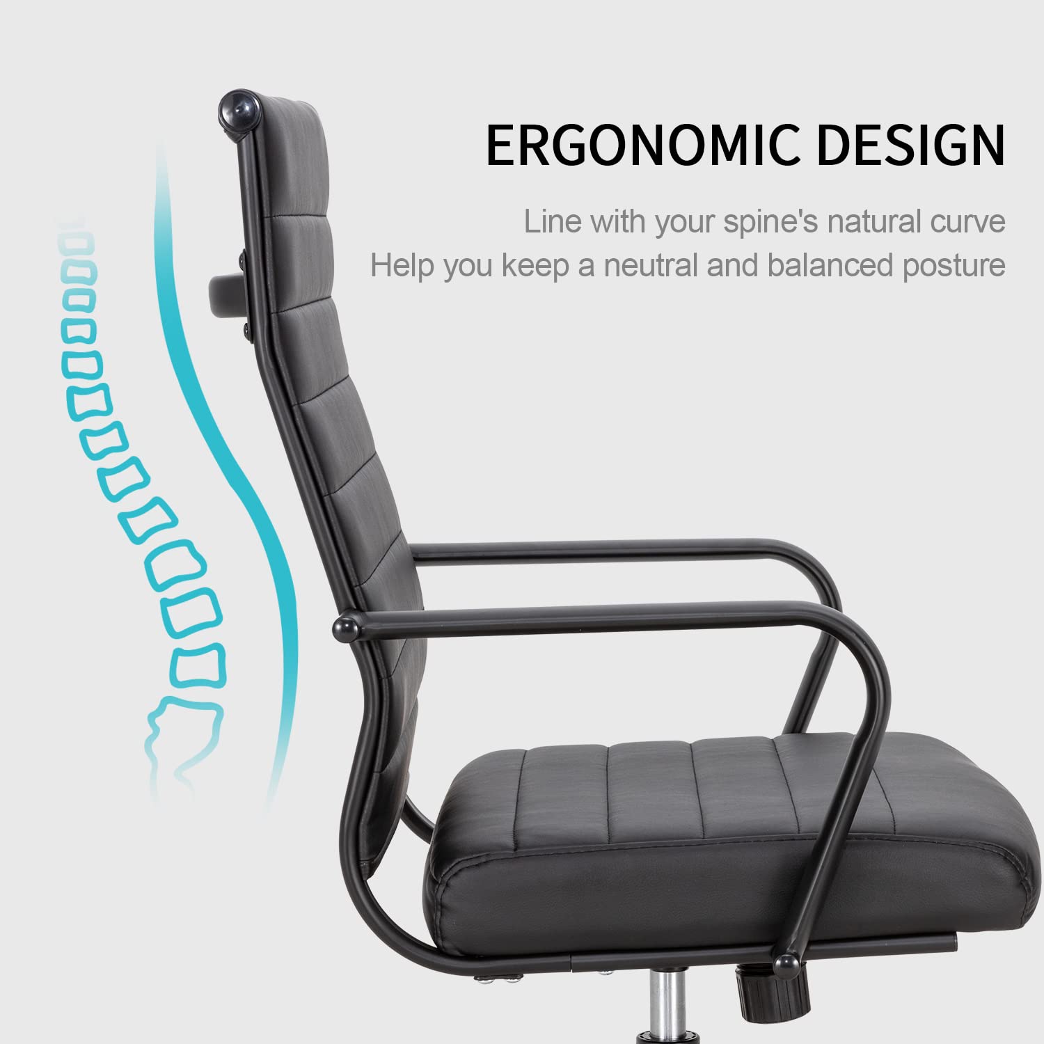Black Office Chair, Ergonomic Leather Modern Office Chair, Executive Ribbed Height Adjustable Swivel Rolling Chair for Home Office.
