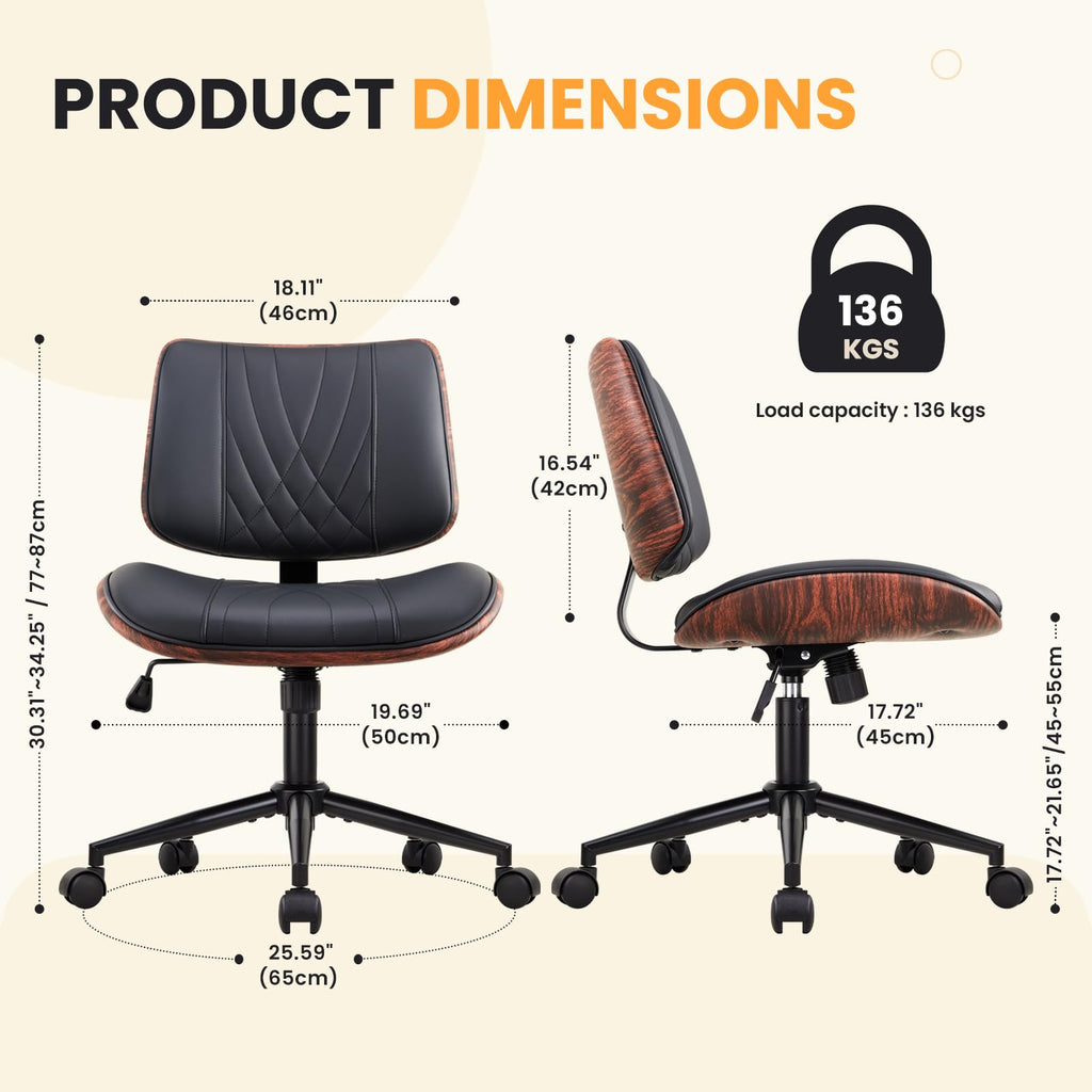 Office Chair Swivel Desk Chair with Wheel Small Computer Chair Armless Task Chair Modern Walnut PU Leather Backrest Rocking Function Adjustable Height, Study Reading Meeting Room (Black)