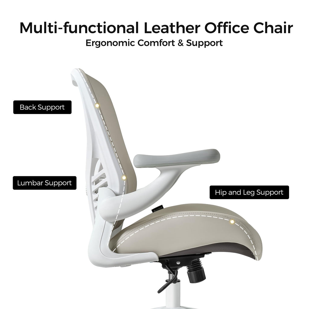 Executive Office Chair, Thick Padded PU Leather Desk Chair with Adjustable Lumbar Support and 3D Armrests, Easy-Clean for Home Office and Study Room(Pack of 1, Pale Gray)
