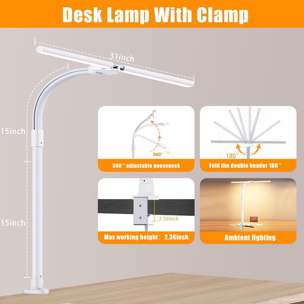 Led Desk Lamp for Office,24W Bright Eye-Caring Desk Light with Clamp,5 brightness and 5 temperatures Dimmable Workbench Task Light, Adjustable Gooseneck Table Lamp for Monitor Study(white)