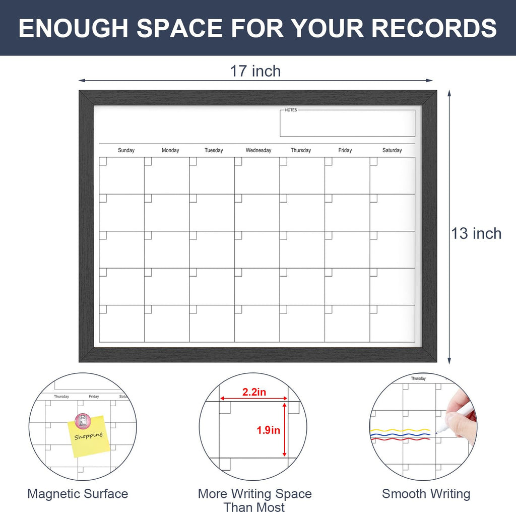 Dry Erase Calendar for Wall, 17x13 Inches Calendar Whiteboard for Wall, Small Magnetic Monthly White Board with Wood Framed, Hanging Dry Erase Board for Kitchen Home Office School Planner