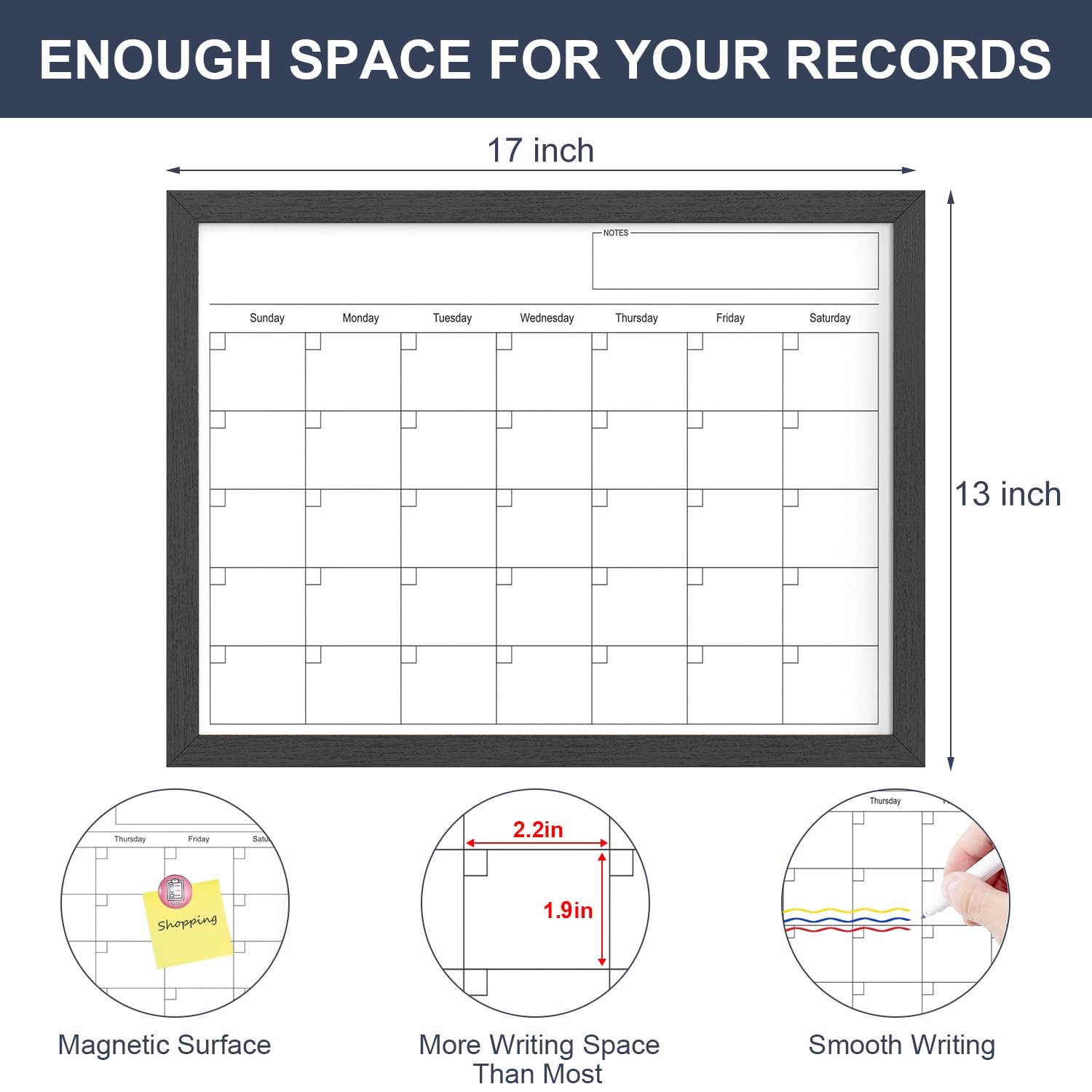 Dry Erase Calendar for Wall, 17x13 Inches Calendar Whiteboard for Wall, Small Magnetic Monthly White Board with Wood Framed, Hanging Dry Erase Board for Kitchen Home Office School Planner
