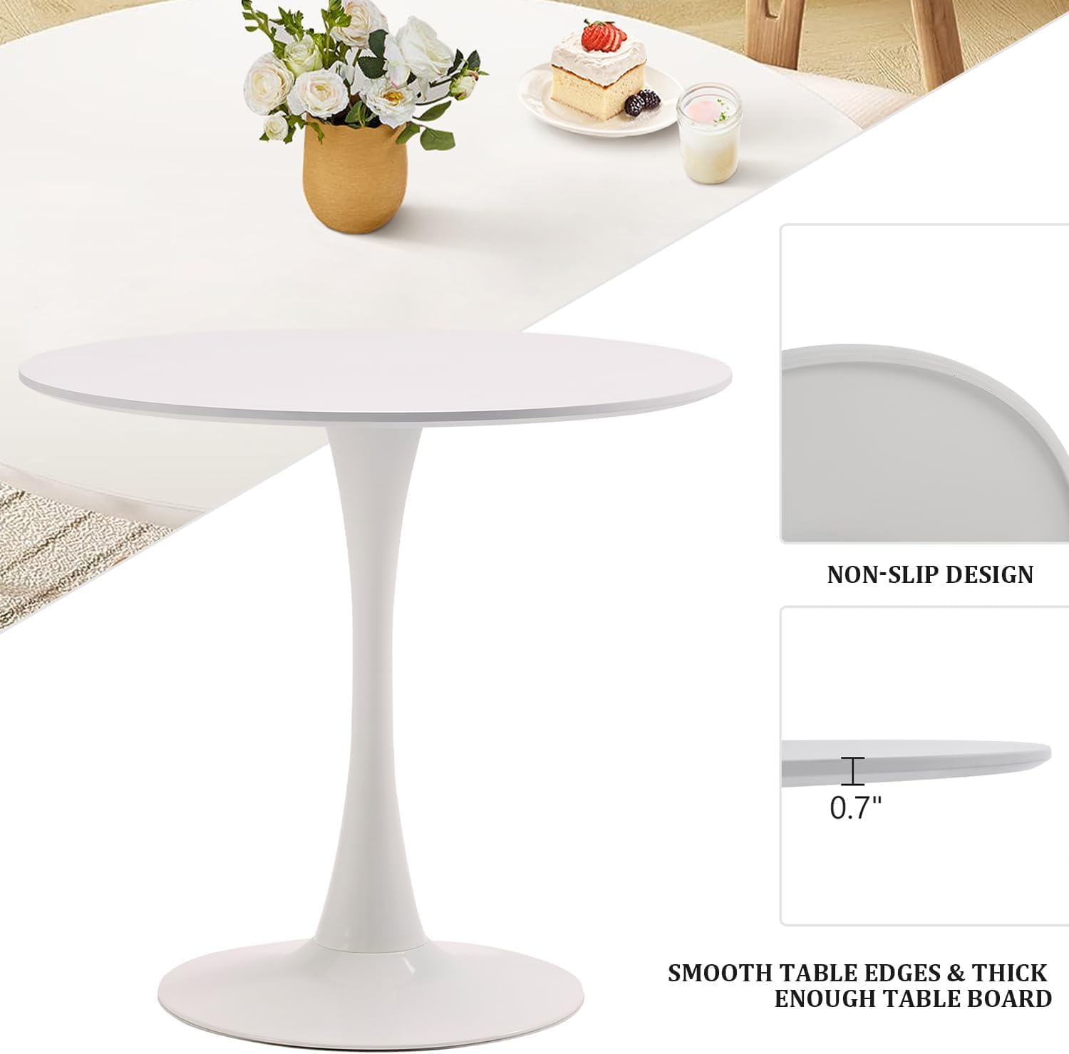 TUOMUR White Round Dining Table, 31.5" Circle Tulip Table Kitchen Round Dining Table for 2-4 People with Thickened Top and Metal Pedestal, Mid Century Leisure Table for Home, Dining Room, Cafe