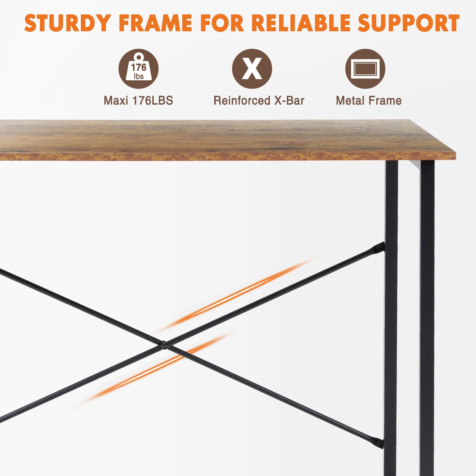 Computer Small Office Desk 47 Inch Student Study Writing Work with Metal Frame Wood Tabletop Modern Simple PC Home Bedroom Table, Rustic Brown