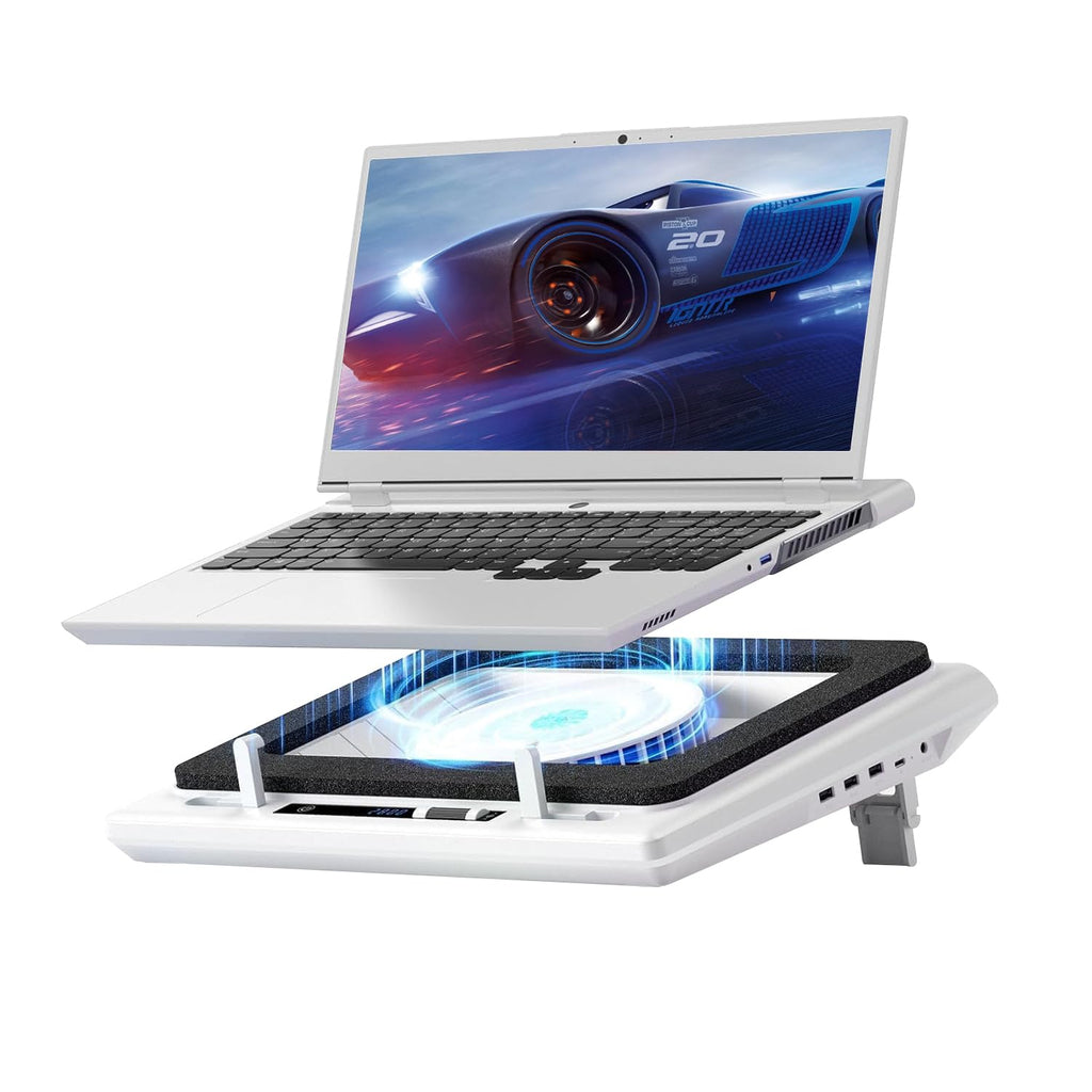 Laptop Cooling Pad with 5.5" Turbofan – High-Speed Cooling for 15-19 Inch Gaming Laptops, Adjustable Speed & Touch Control, 3-Port USB Hub, with Mousepad, White (No RGB)