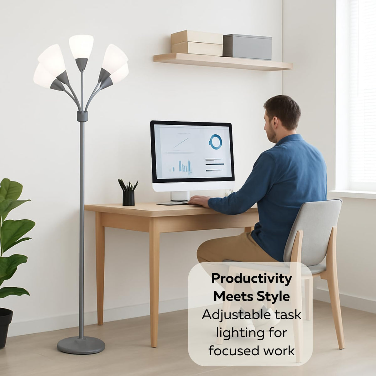 Medusa 5-Light Floor Lamp – Silver Multi-Head Standing Lamp w/ 5 Adjustable White Acrylic Shades for Bedroom, Living Room, Office, Requires E12 Candelabra-Base LED Bulbs