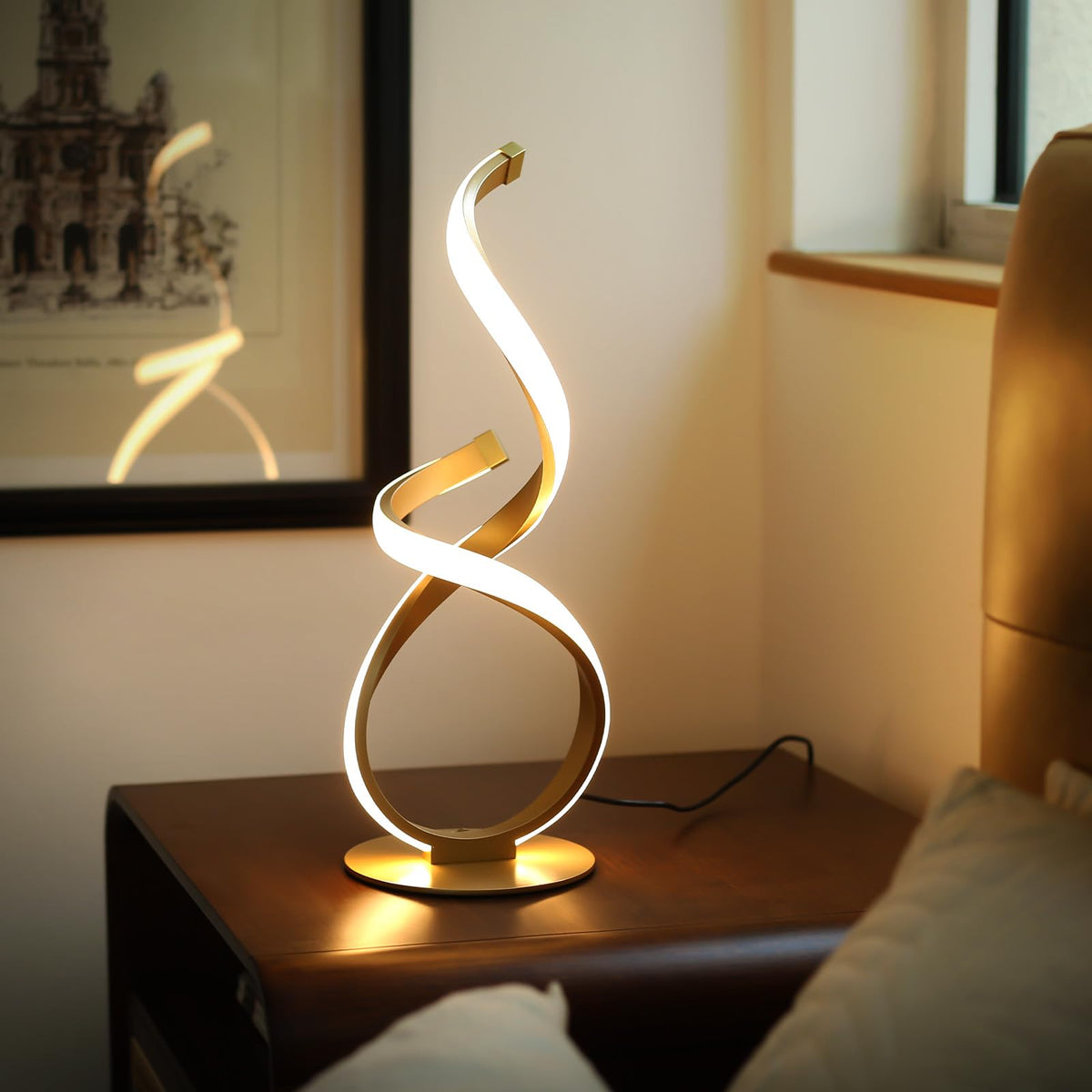 2 Pack Gold Cool Table Lamps, LED Spiral Desk Lights, Dimmable