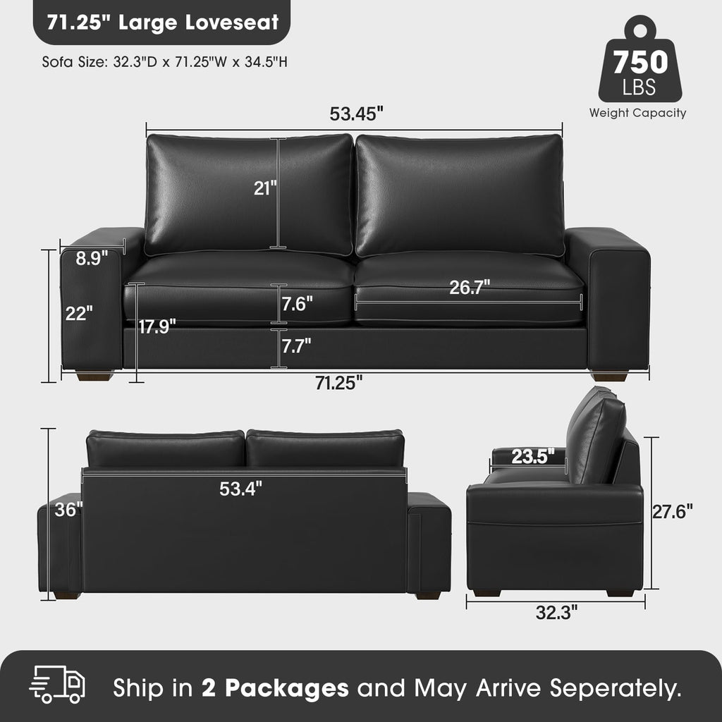 Faux Leather Couch, Mid Century Modern Comfy Loveseat Sofa with Wide Arm, Side Pockets, Solid Wooden Frame for Office, Living Room and Bedroom, 2 Seater (Black, 71.25 Inches)