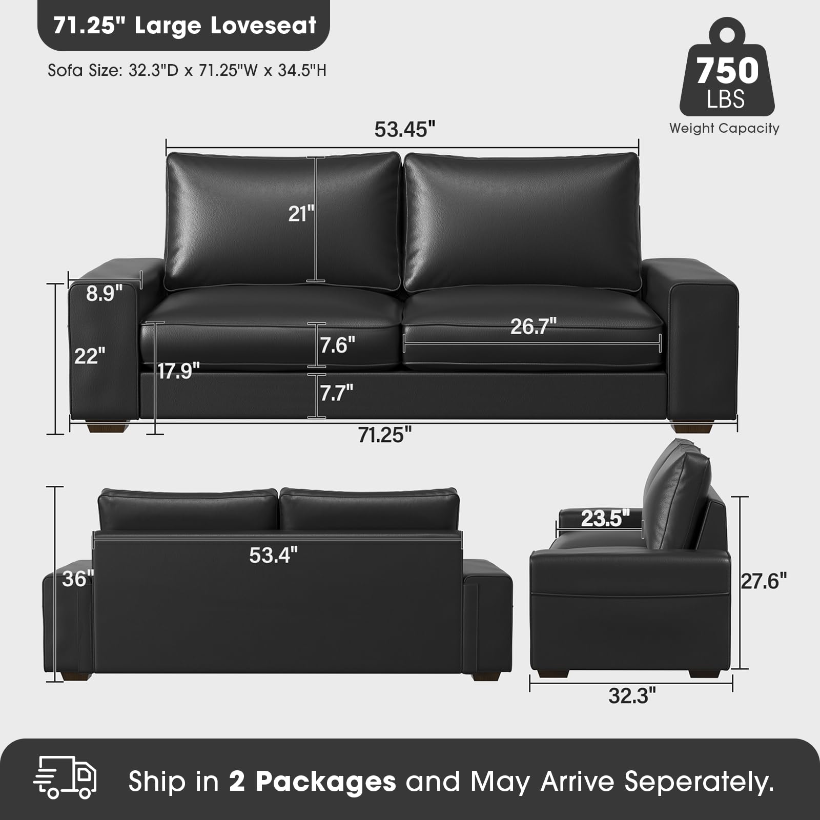 Faux Leather Couch, Mid Century Modern Comfy Loveseat Sofa with Wide Arm, Side Pockets, Solid Wooden Frame for Office, Living Room and Bedroom, 2 Seater (Black, 71.25 Inches)